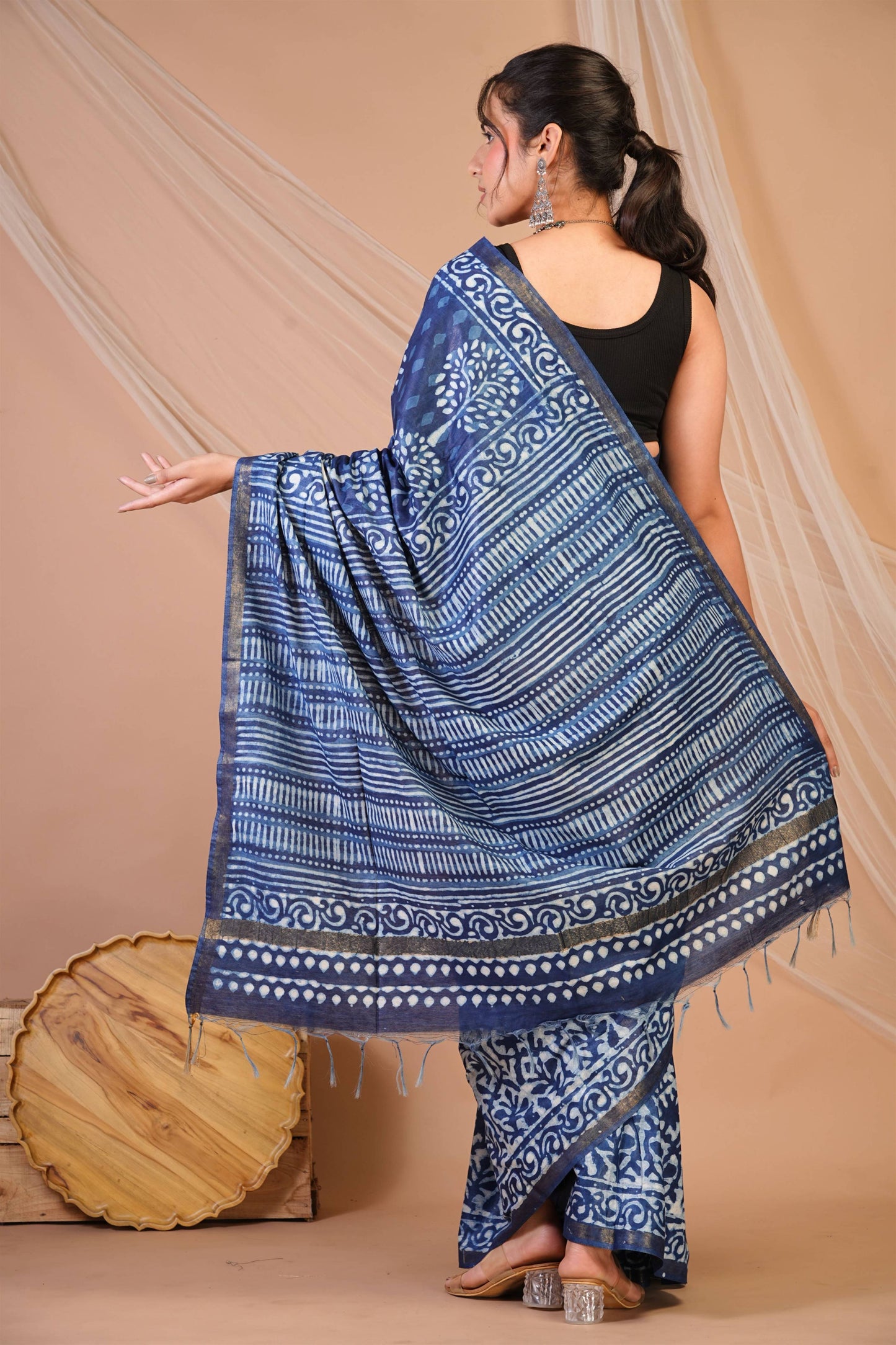 Anuttara Bhagalpuri Navy Blue Cotton Silk Dabu Print (Hand Block) Saree with Unstitched Blouse_AFS1406-FS