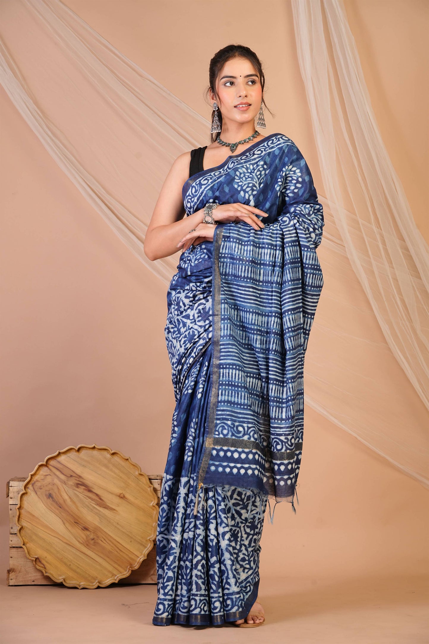 Anuttara Bhagalpuri Navy Blue Cotton Silk Dabu Print (Hand Block) Saree with Unstitched Blouse_AFS1406-FS