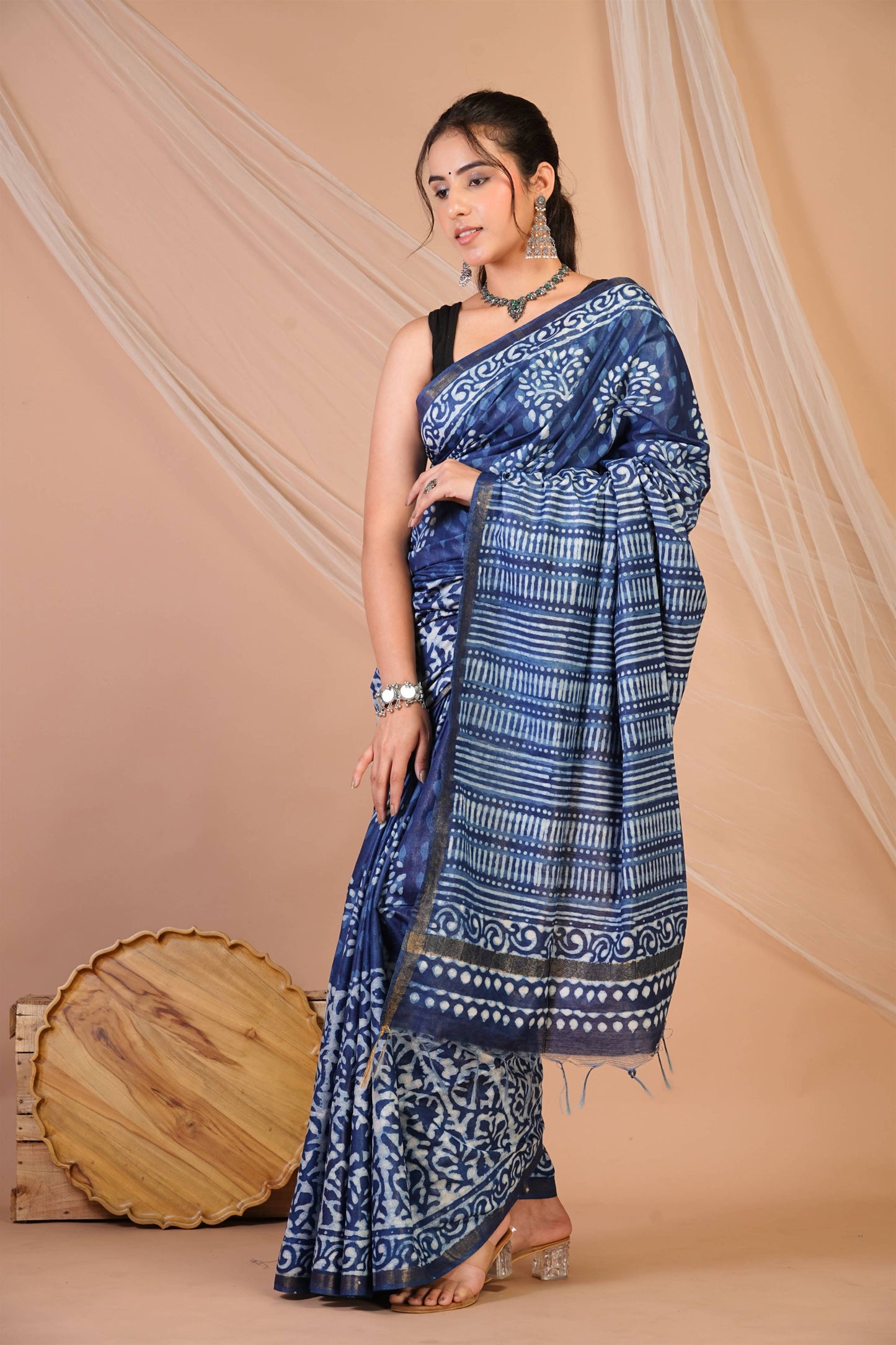 Anuttara Bhagalpuri Navy Blue Cotton Silk Dabu Print (Hand Block) Saree with Unstitched Blouse_AFS1406-FS