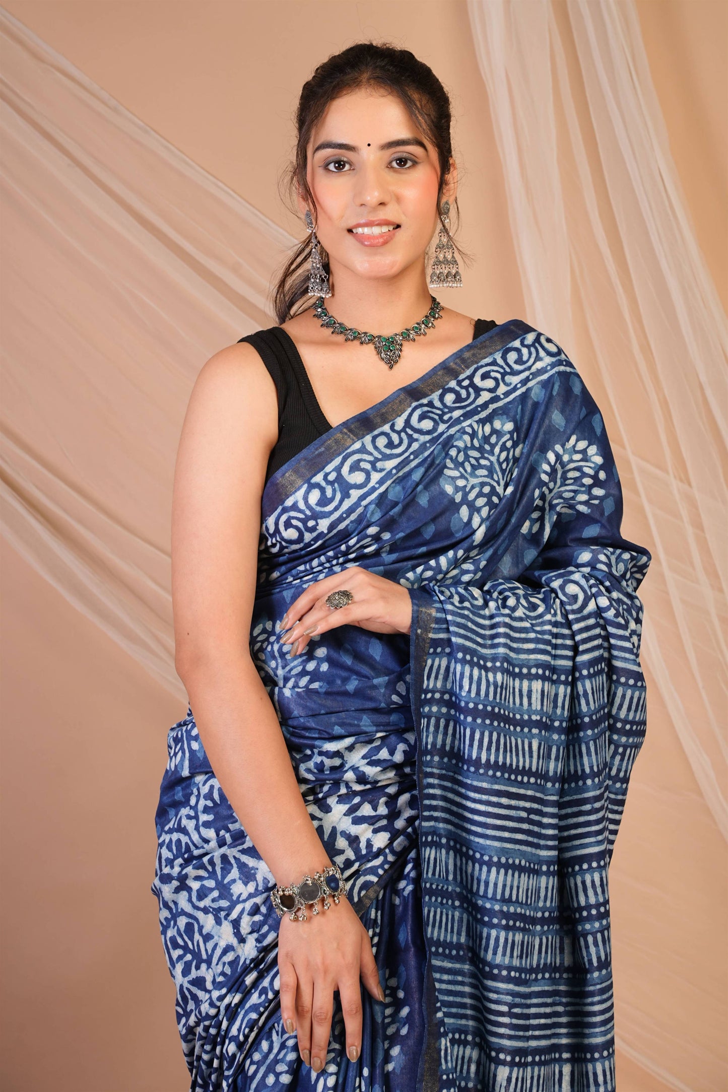 Anuttara Bhagalpuri Navy Blue Cotton Silk Dabu Print (Hand Block) Saree with Unstitched Blouse_AFS1406-FS