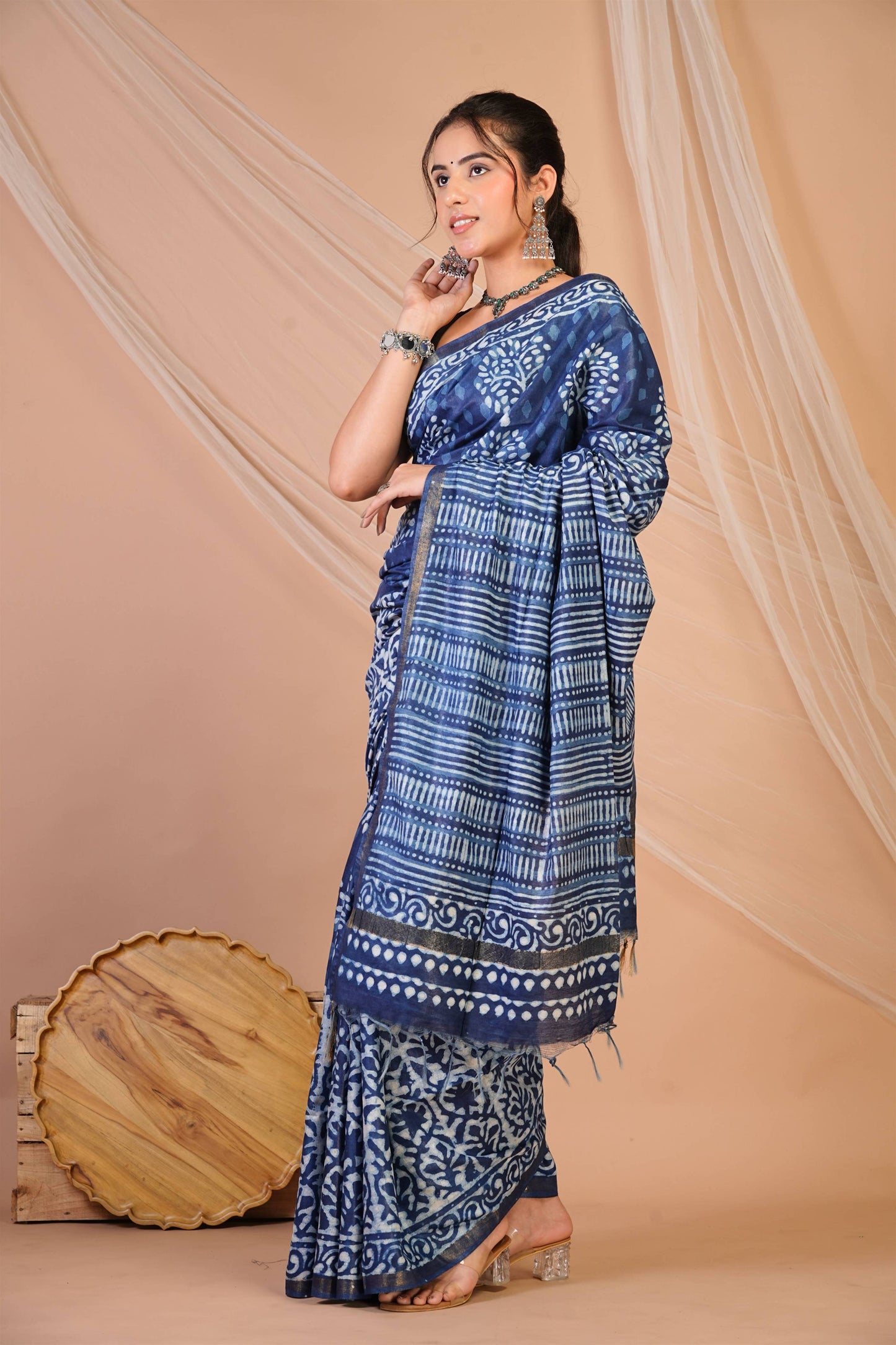Anuttara Bhagalpuri Navy Blue Cotton Silk Dabu Print (Hand Block) Saree with Unstitched Blouse_AFS1406-FS