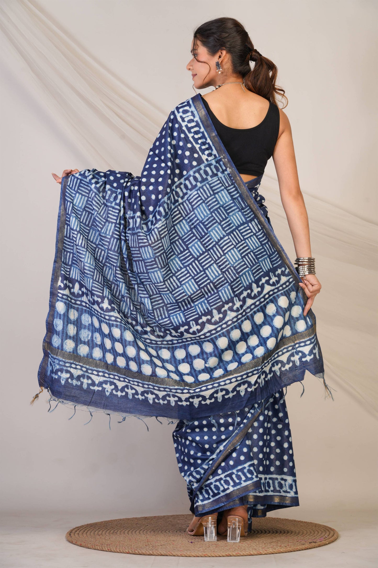 Anuttara Bhagalpuri Navy Blue Cotton Silk Dabu Print (Hand Block) Saree with Unstitched Blouse_AFS1407-FS