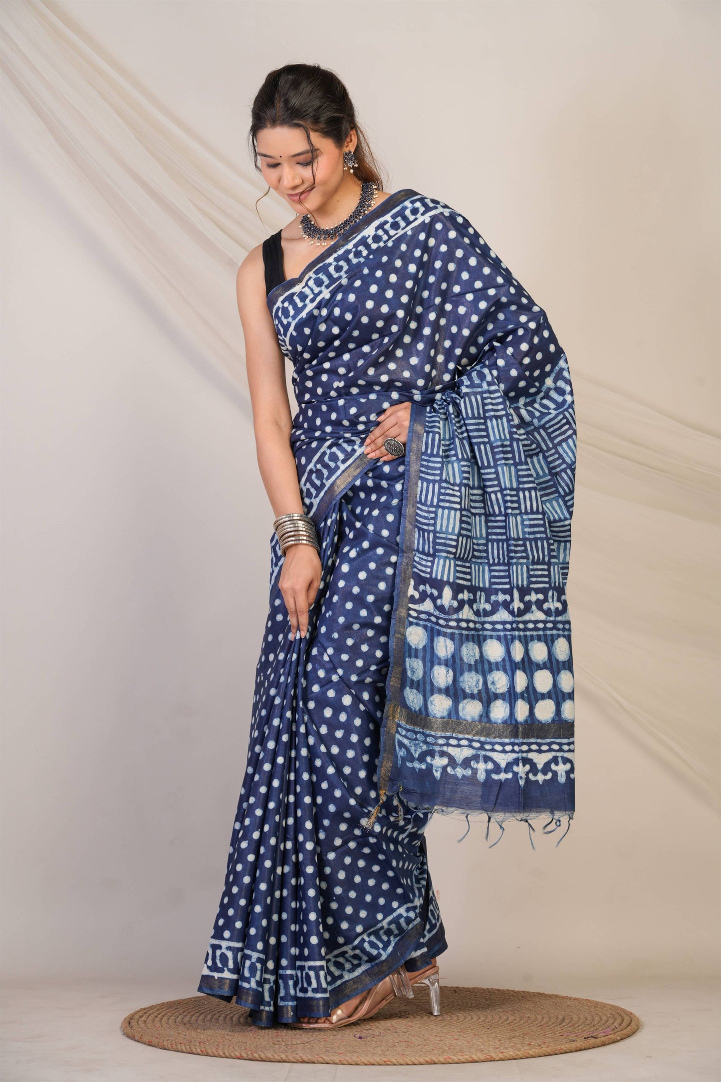 Anuttara Bhagalpuri Navy Blue Cotton Silk Dabu Print (Hand Block) Saree with Unstitched Blouse_AFS1407-FS