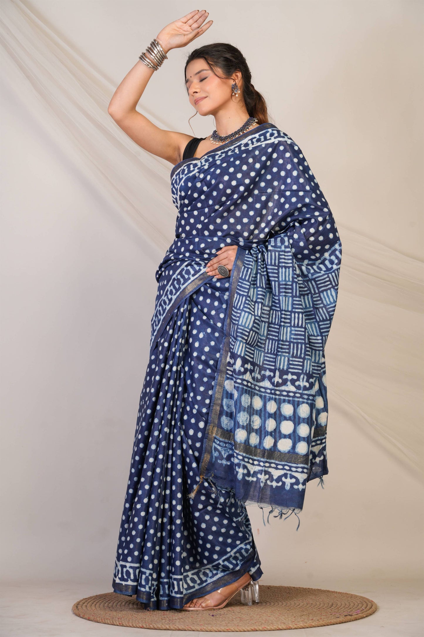 Anuttara Bhagalpuri Navy Blue Cotton Silk Dabu Print (Hand Block) Saree with Unstitched Blouse_AFS1407-FS
