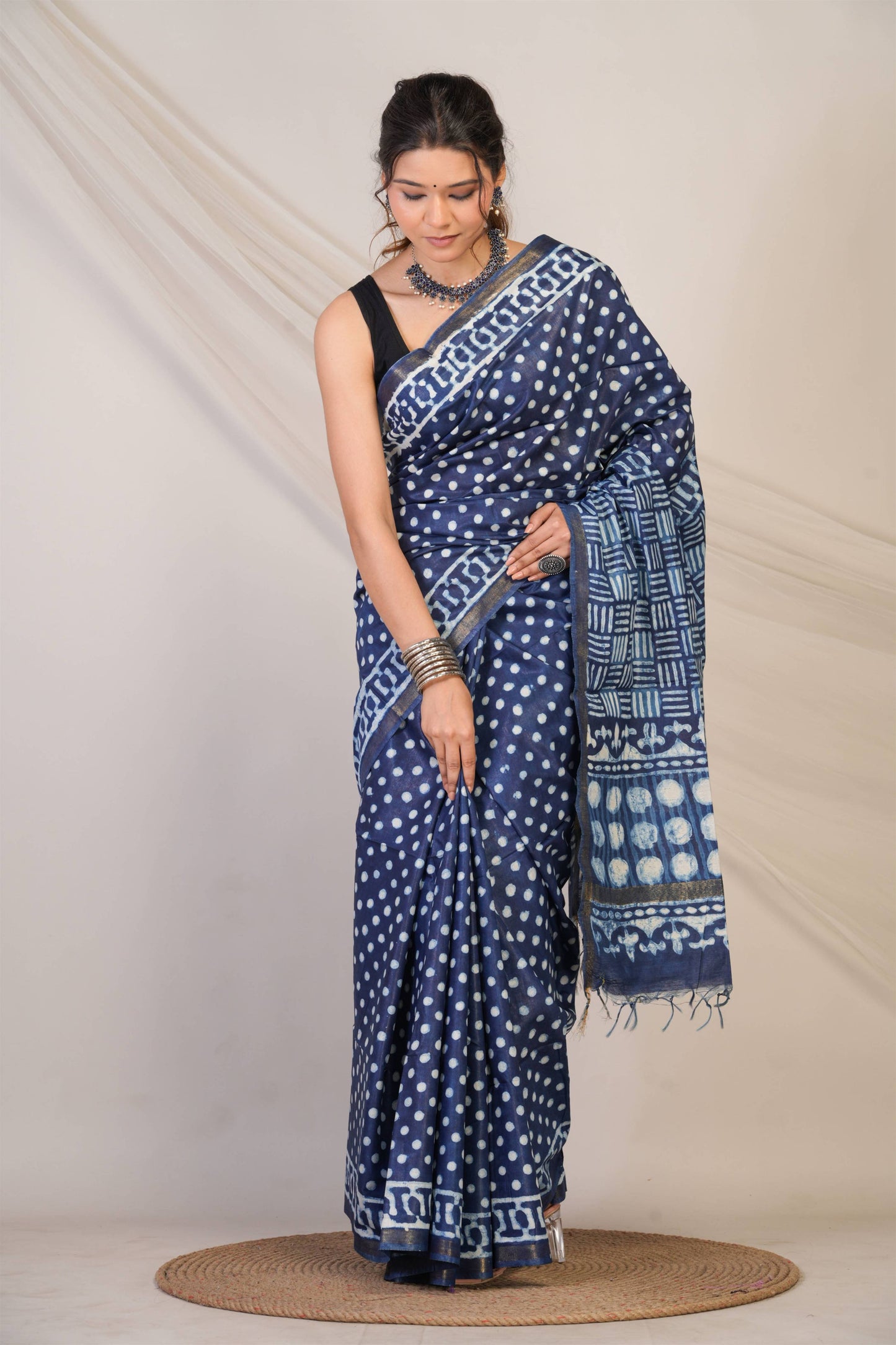 Anuttara Bhagalpuri Navy Blue Cotton Silk Dabu Print (Hand Block) Saree with Unstitched Blouse_AFS1407-FS