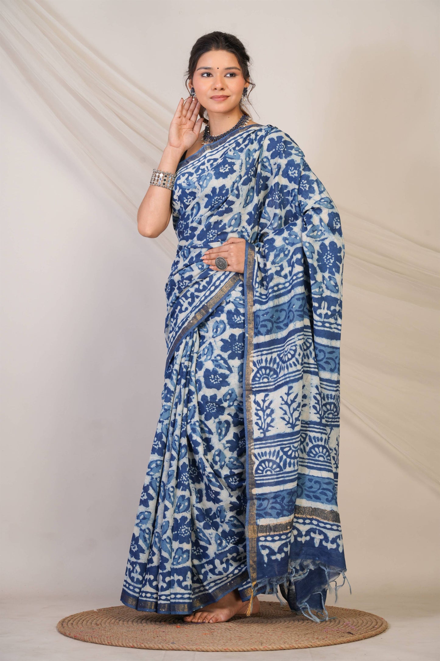 Anuttara Bhagalpuri Navy Blue Cotton Silk Dabu Print (Hand Block) Saree with Unstitched Blouse_AFS1408-FS