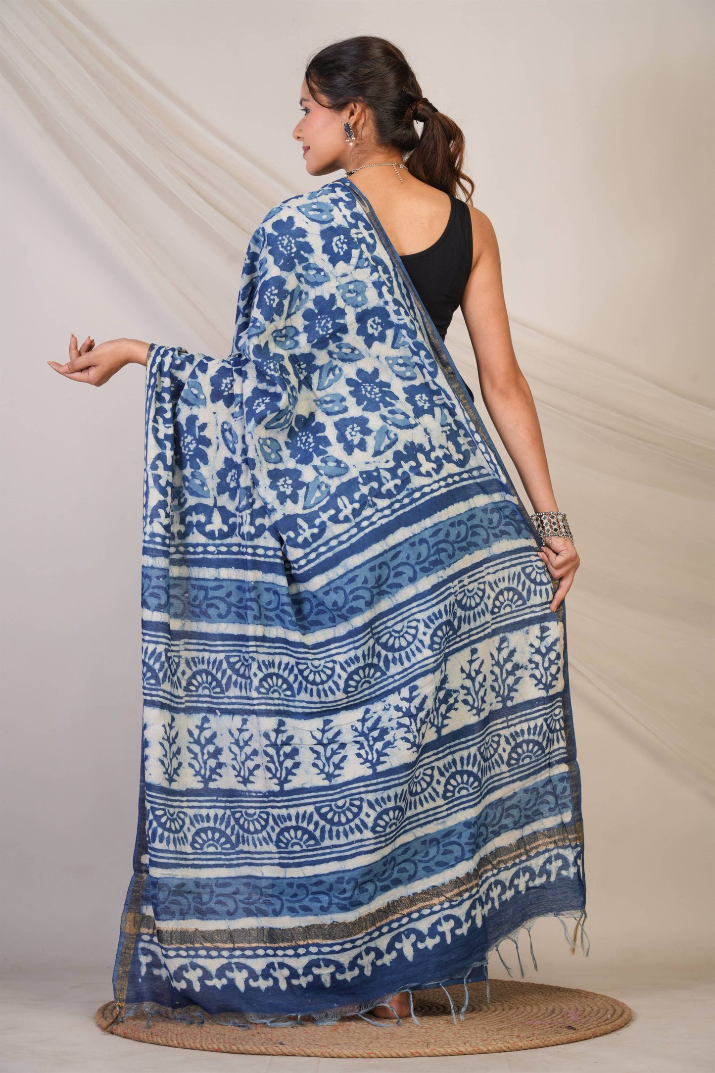 Anuttara Bhagalpuri Navy Blue Cotton Silk Dabu Print (Hand Block) Saree with Unstitched Blouse_AFS1408-FS