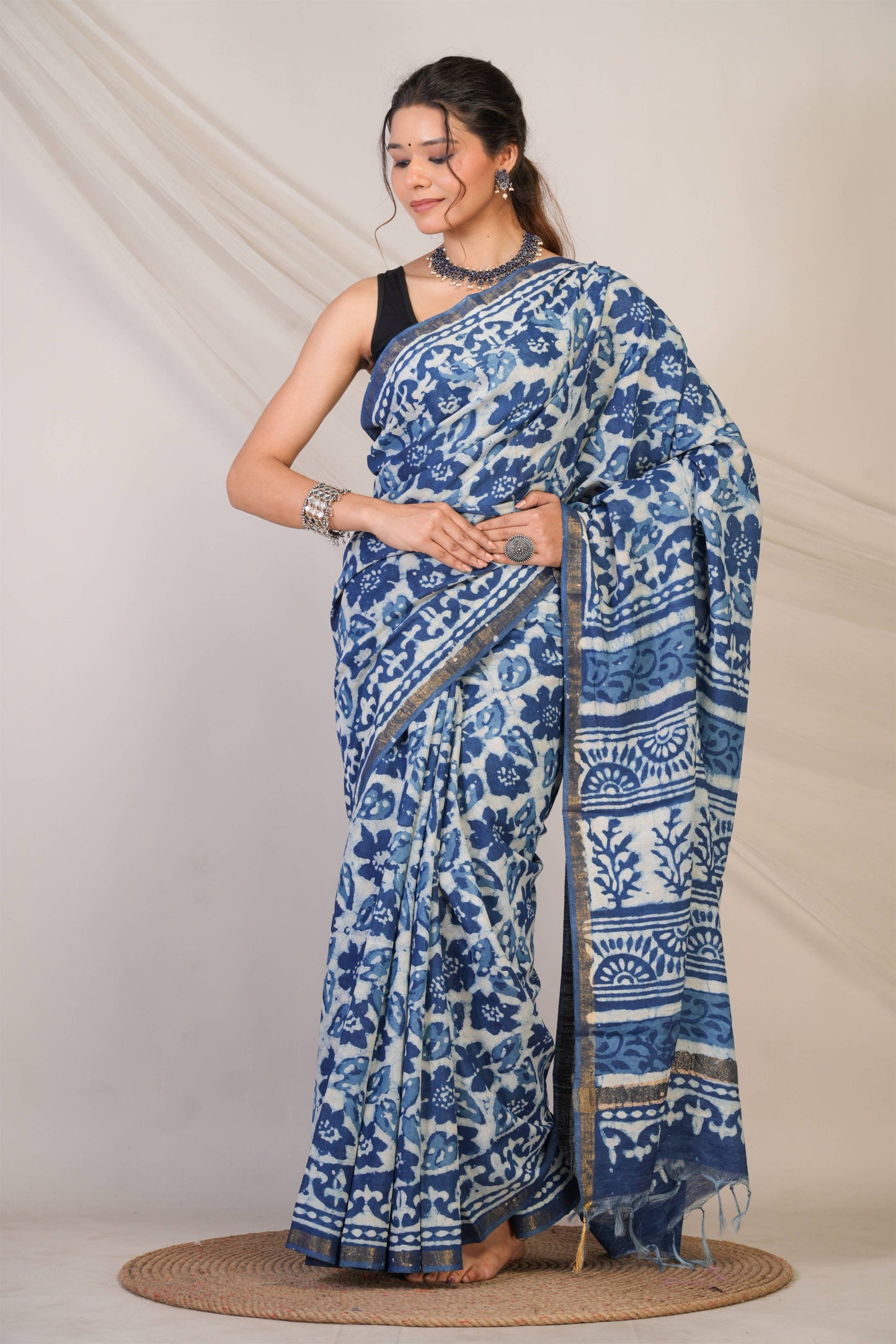 Anuttara Bhagalpuri Navy Blue Cotton Silk Dabu Print (Hand Block) Saree with Unstitched Blouse_AFS1408-FS