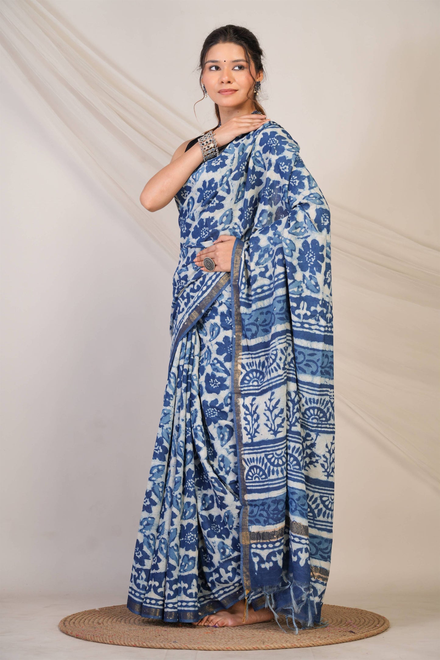 Anuttara Bhagalpuri Navy Blue Cotton Silk Dabu Print (Hand Block) Saree with Unstitched Blouse_AFS1408-FS