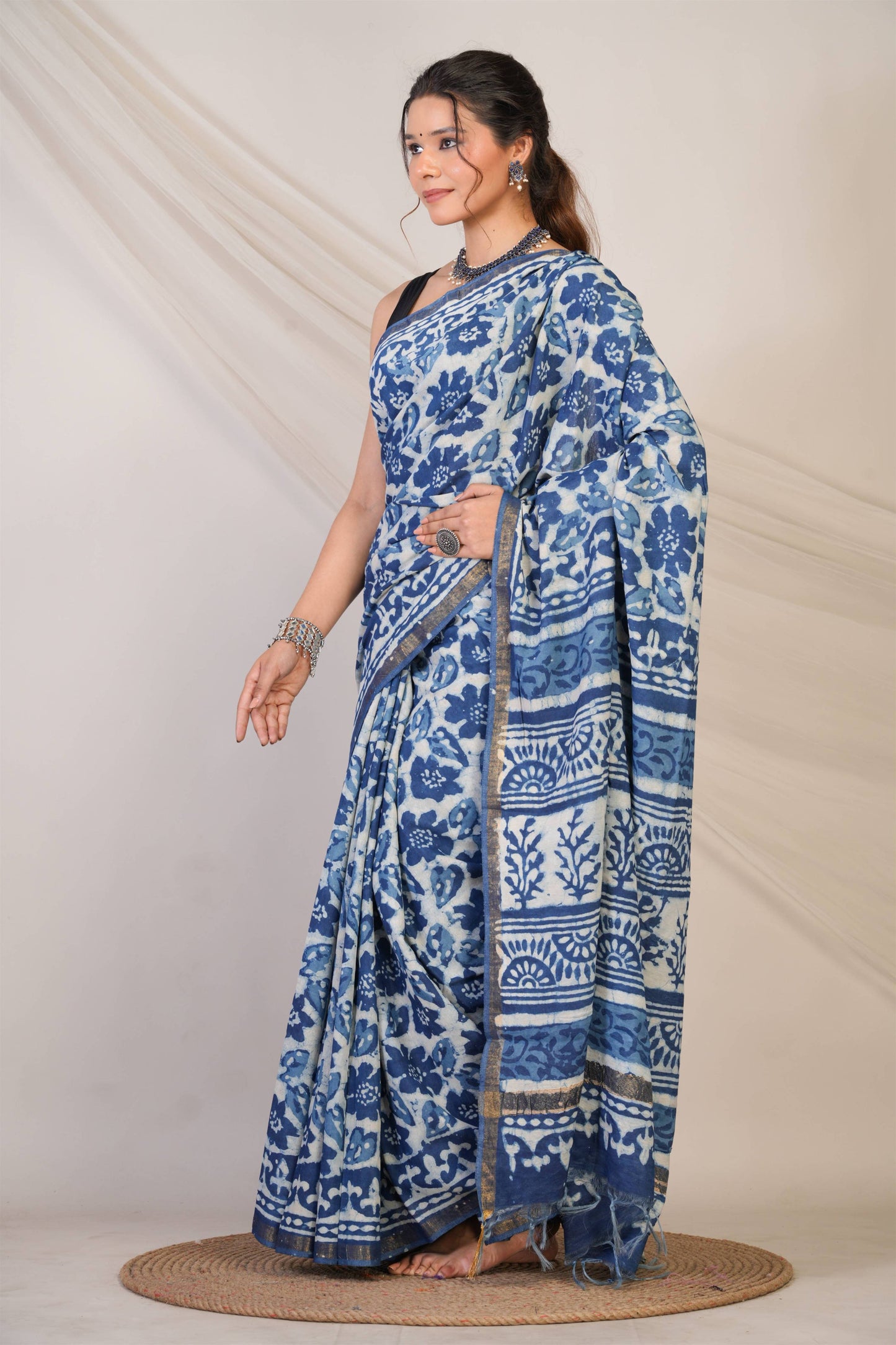 Anuttara Bhagalpuri Navy Blue Cotton Silk Dabu Print (Hand Block) Saree with Unstitched Blouse_AFS1408-FS