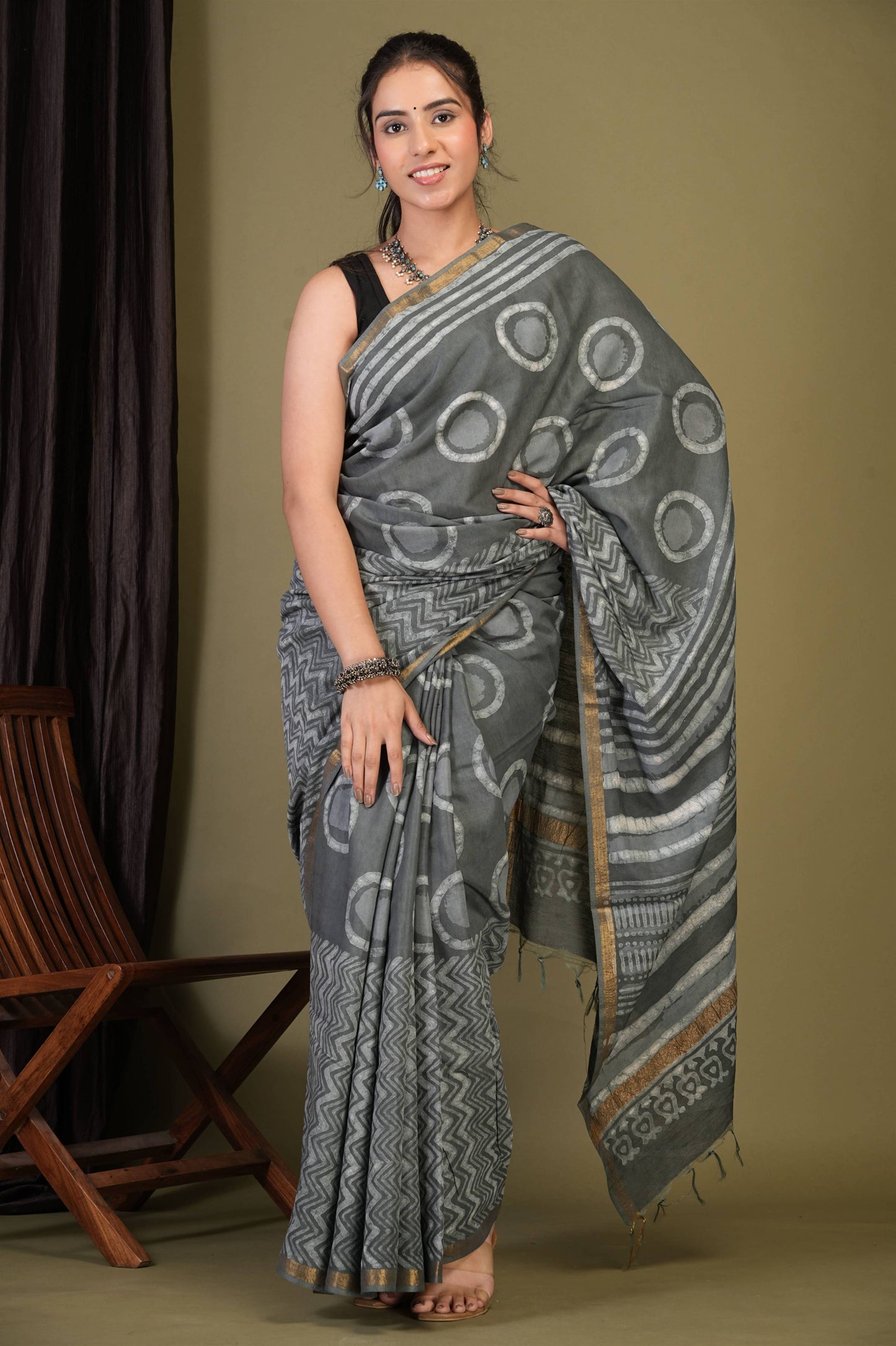 Anuttara Bhagalpuri Grey Cotton Silk Dabu Print (Hand Block) Saree with Unstitched Blouse_AFS1409-FS