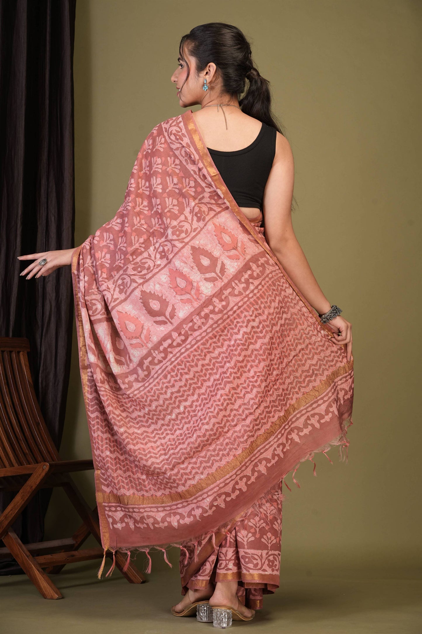 Anuttara Bhagalpuri Rouge Pink Cotton Silk Dabu Print (Hand Block) Saree with Unstitched Blouse_AFS1410-FS