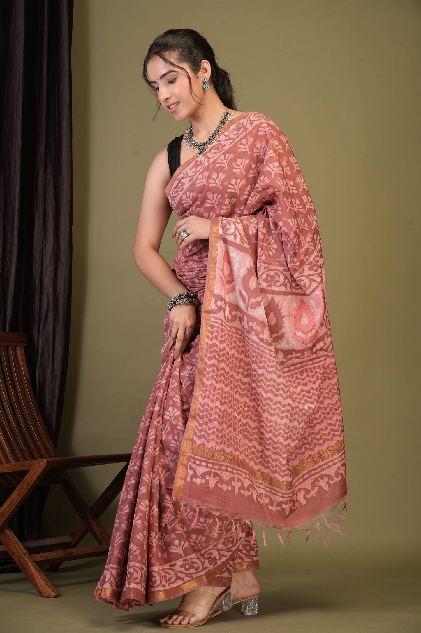 Anuttara Bhagalpuri Rouge Pink Cotton Silk Dabu Print (Hand Block) Saree with Unstitched Blouse_AFS1410-FS