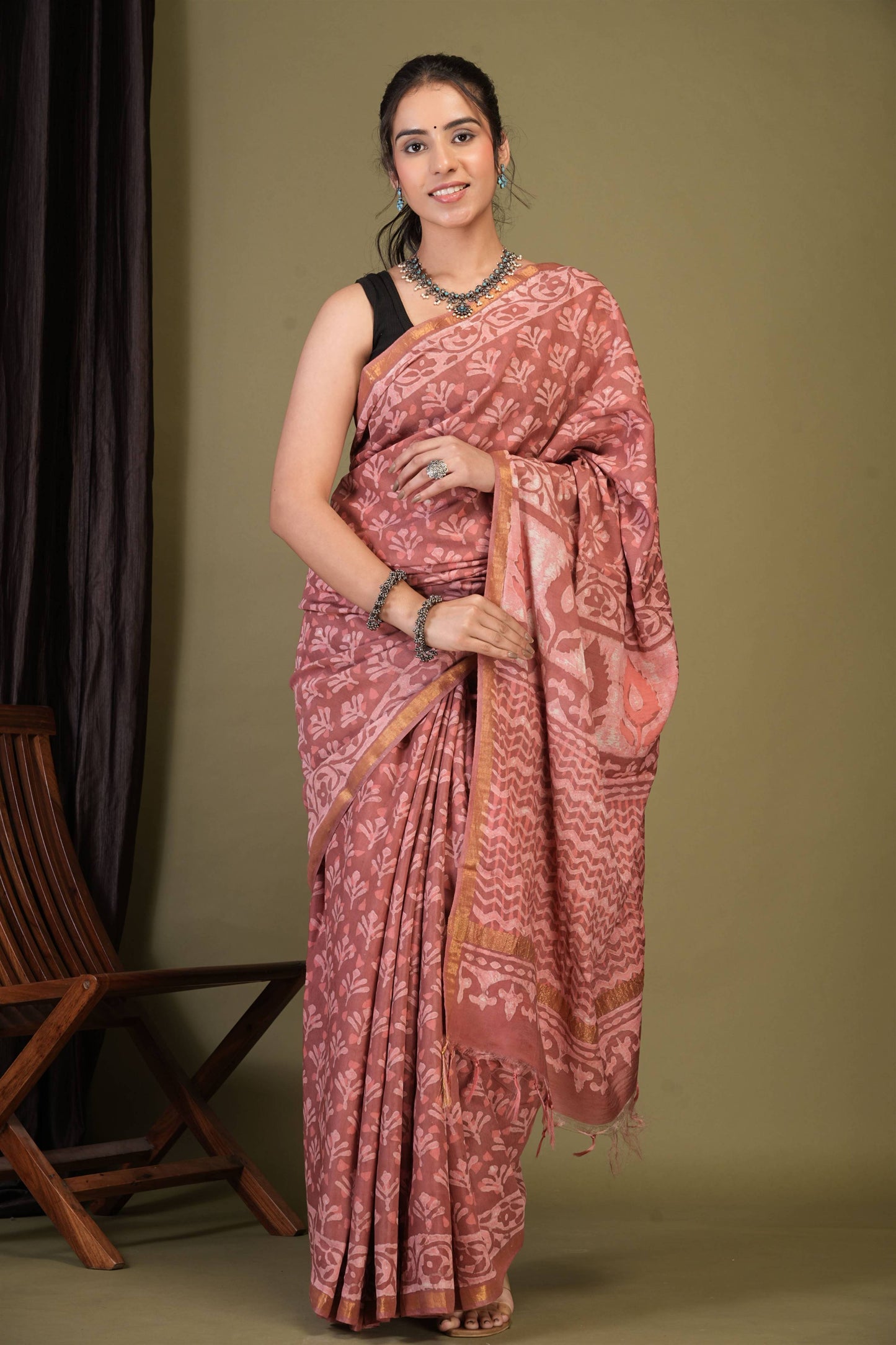 Anuttara Bhagalpuri Rouge Pink Cotton Silk Dabu Print (Hand Block) Saree with Unstitched Blouse_AFS1410-FS