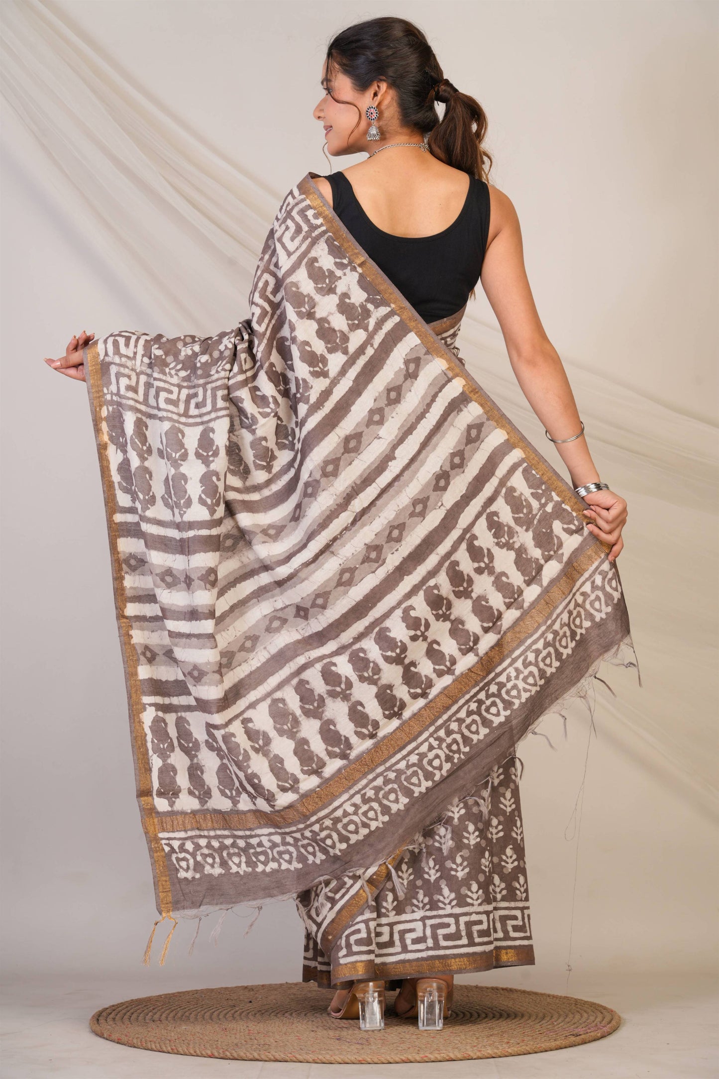 Anuttara Bhagalpuri Brown Cotton Silk Dabu Print (Hand Block) Saree with Unstitched Blouse_AFS1415-FS