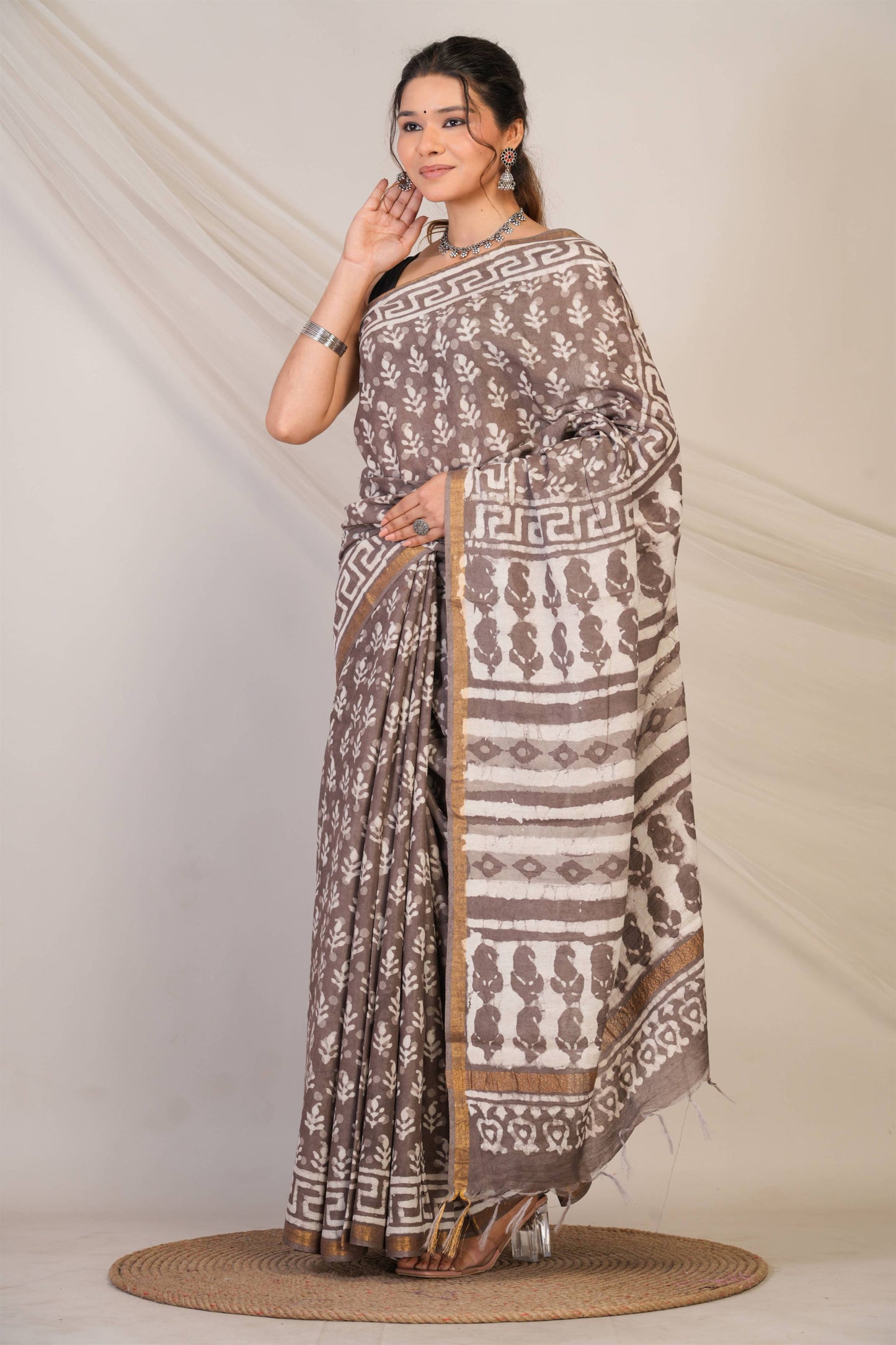 Anuttara Bhagalpuri Brown Cotton Silk Dabu Print (Hand Block) Saree with Unstitched Blouse_AFS1415-FS