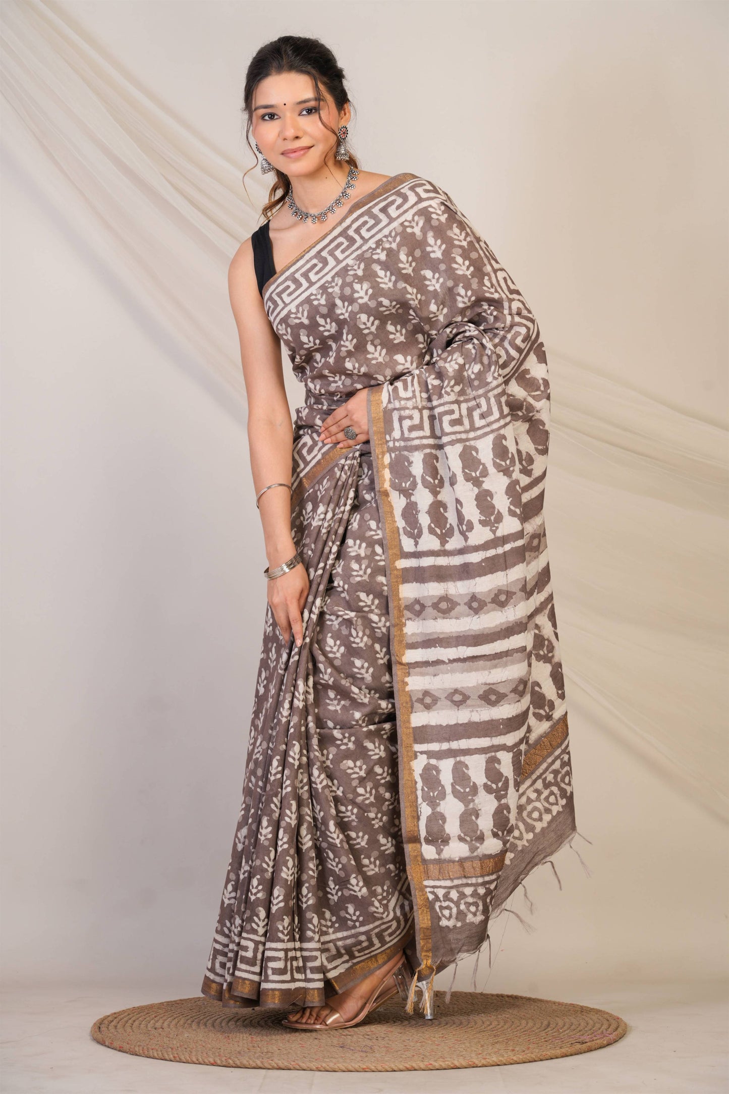 Anuttara Bhagalpuri Brown Cotton Silk Dabu Print (Hand Block) Saree with Unstitched Blouse_AFS1415-FS