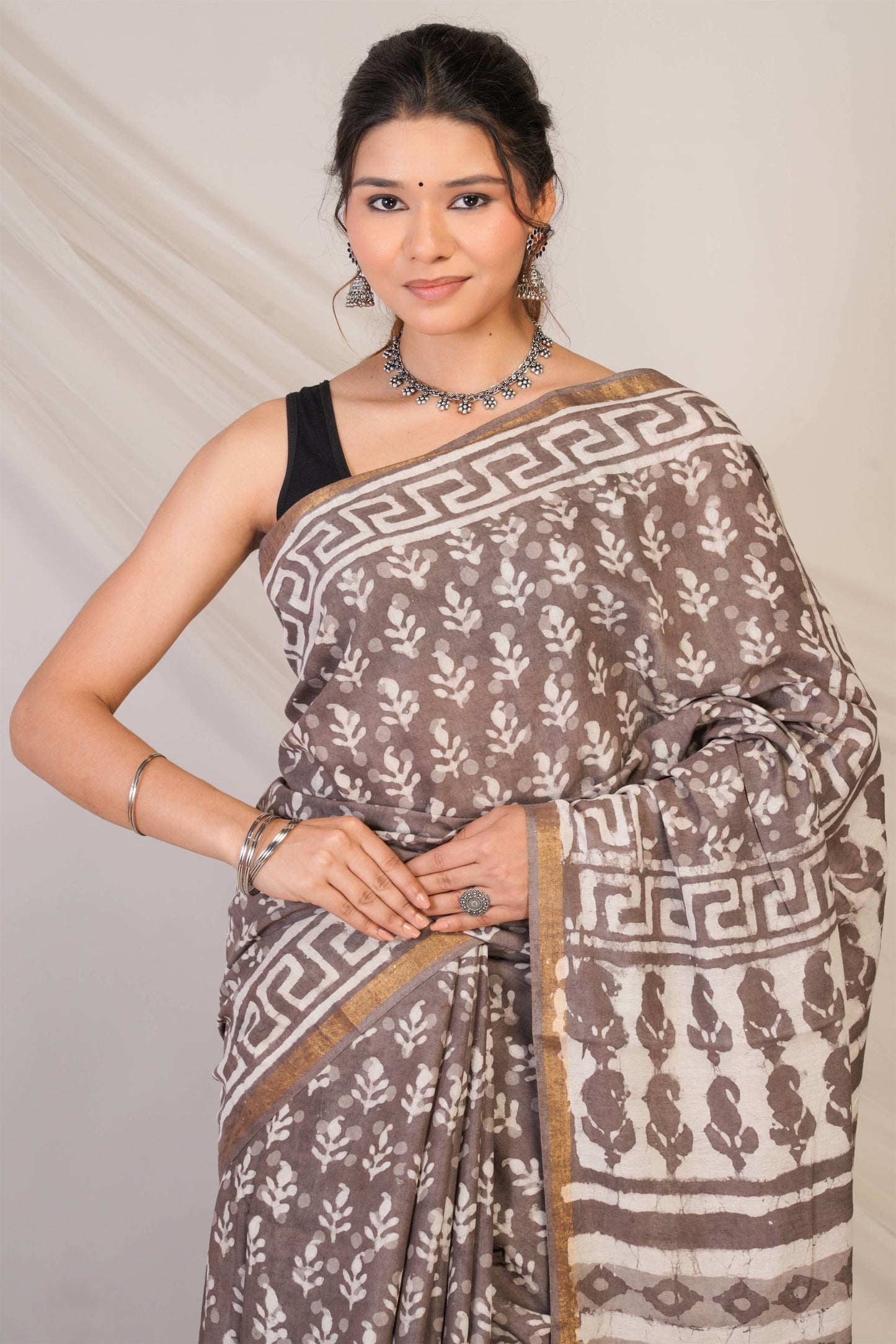 Anuttara Bhagalpuri Brown Cotton Silk Dabu Print (Hand Block) Saree with Unstitched Blouse_AFS1415-FS