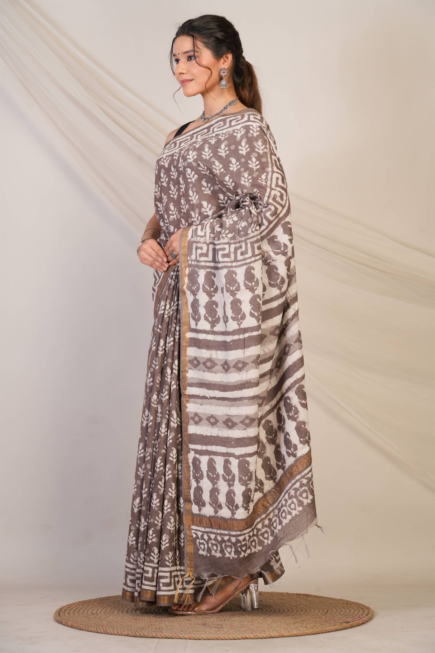 Anuttara Bhagalpuri Brown Cotton Silk Dabu Print (Hand Block) Saree with Unstitched Blouse_AFS1415-FS