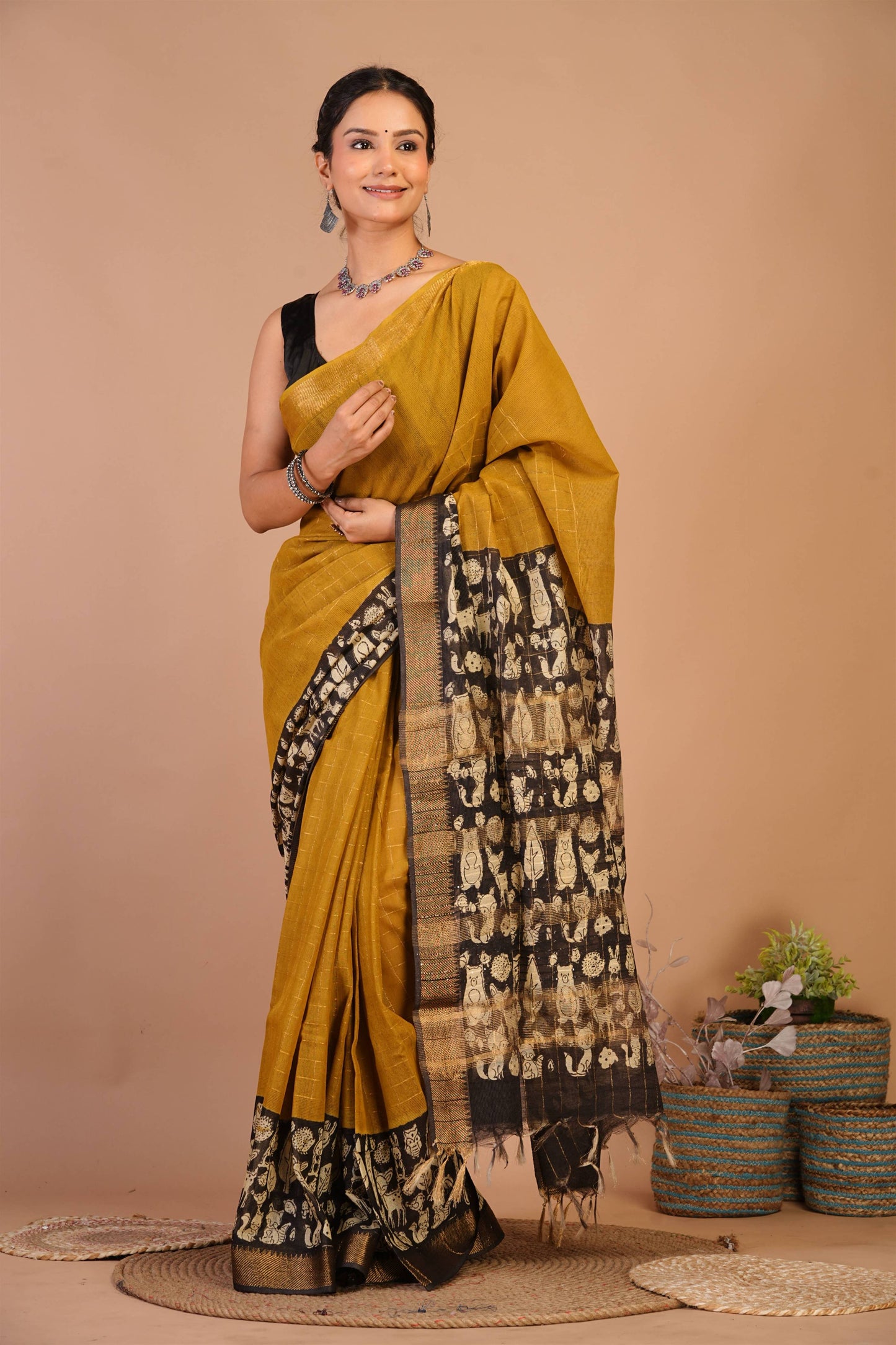 Anuttara Bhagalpuri Olive Green Cotton Silk Animal Print Saree with Unstitched Blouse_AFS1416-FS