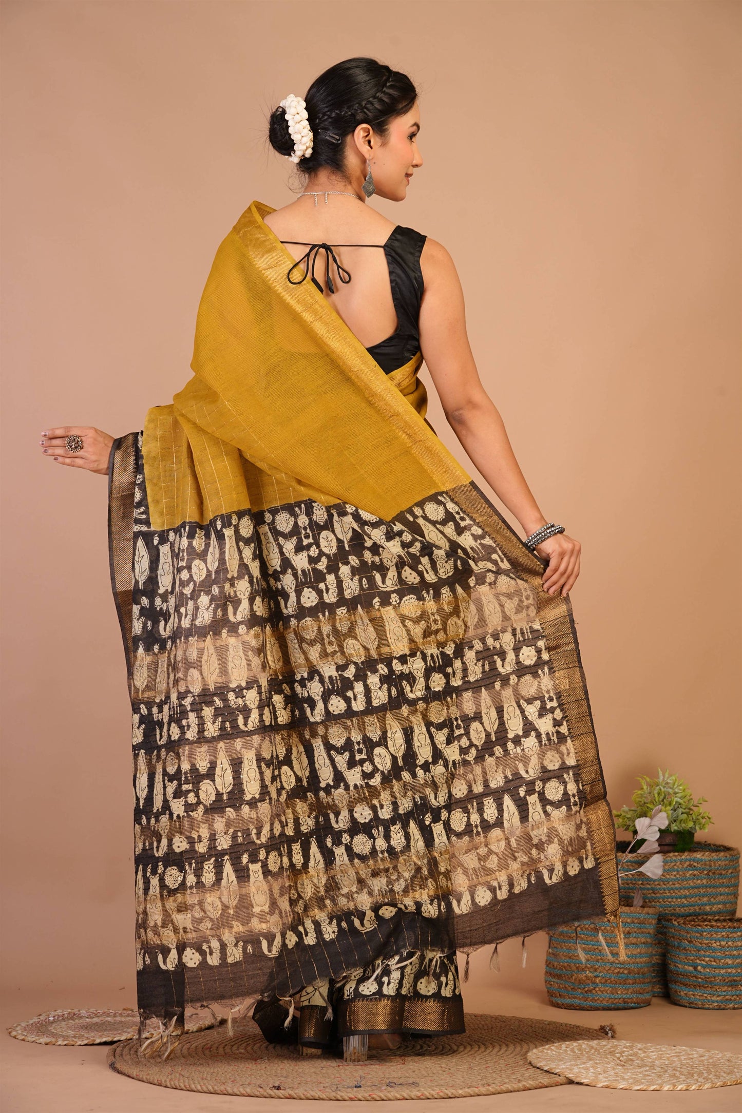 Anuttara Bhagalpuri Olive Green Cotton Silk Animal Print Saree with Unstitched Blouse_AFS1416-FS