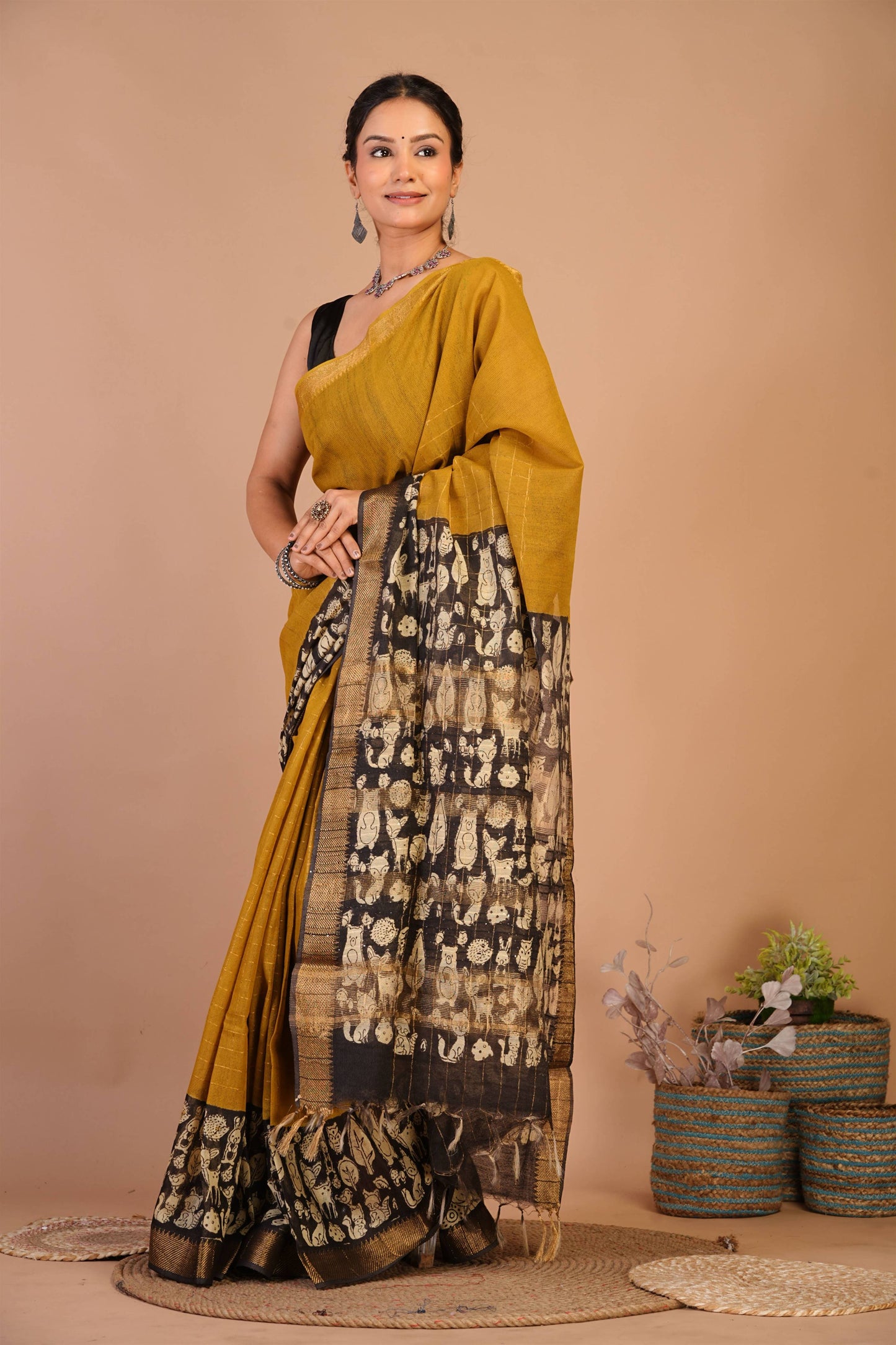 Anuttara Bhagalpuri Olive Green Cotton Silk Animal Print Saree with Unstitched Blouse_AFS1416-FS