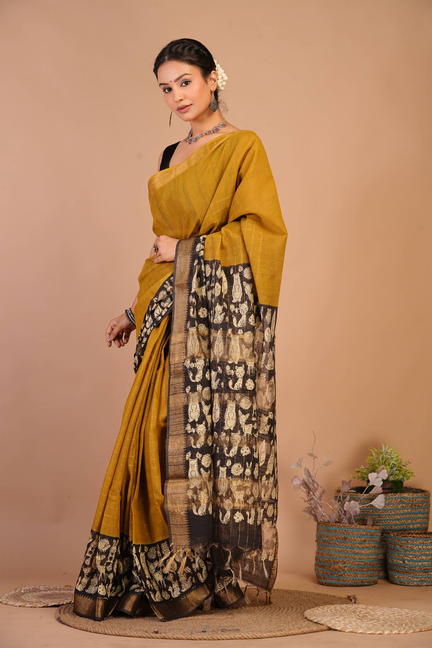 Anuttara Bhagalpuri Olive Green Cotton Silk Animal Print Saree with Unstitched Blouse_AFS1416-FS