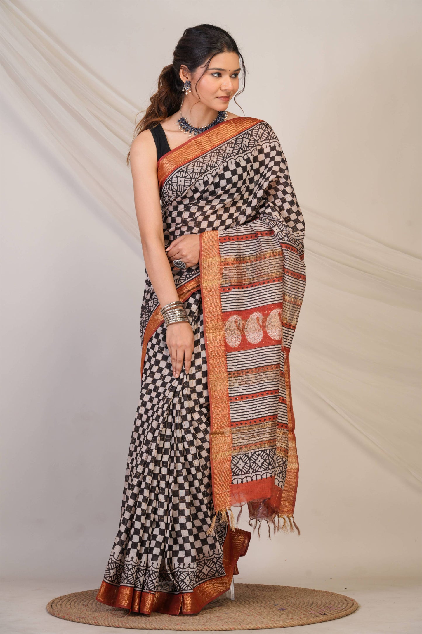 Anuttara Bhagalpuri Multicolor Cotton Silk Checkered Saree with Unstitched Blouse_AFS1419-FS