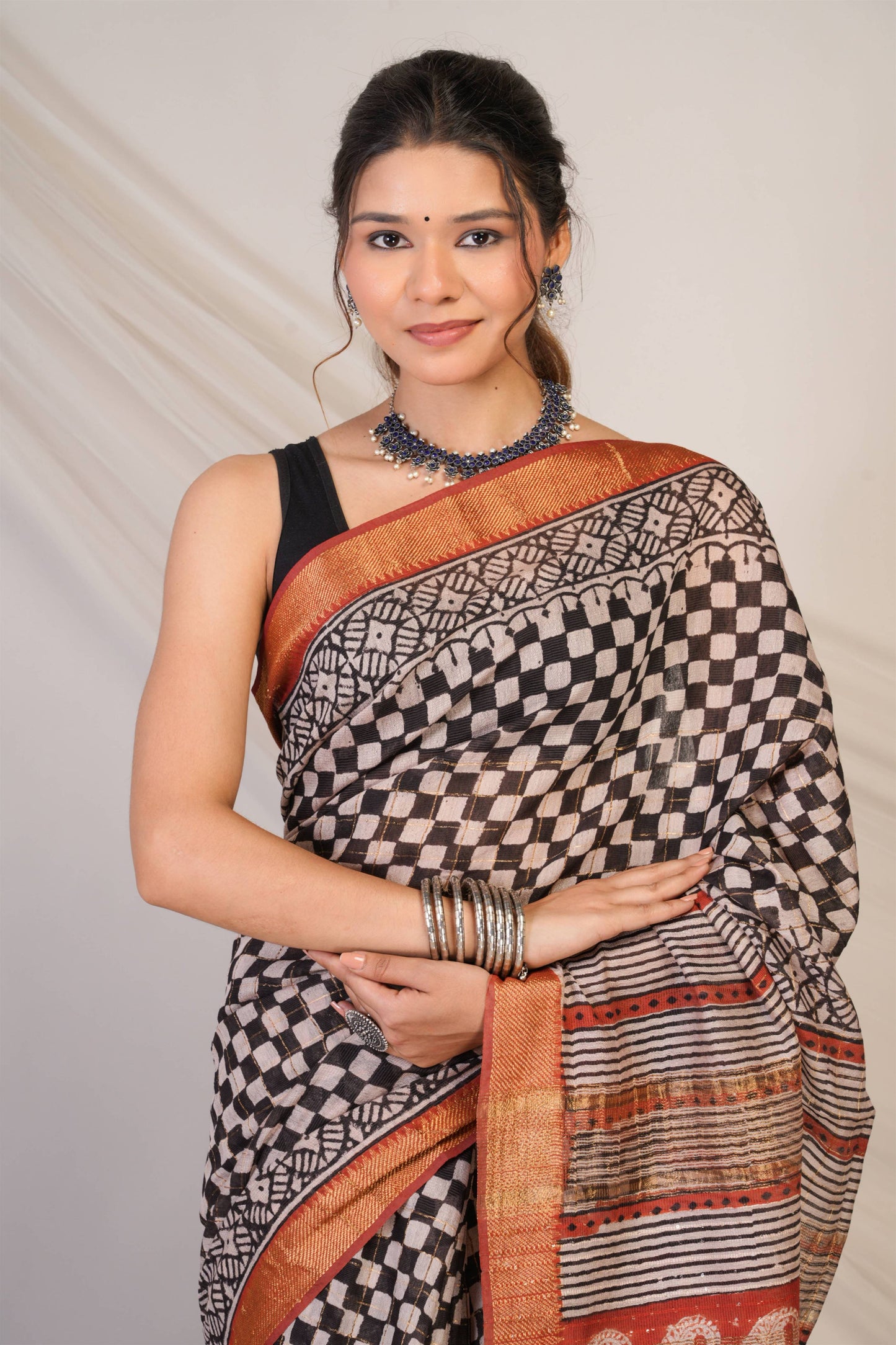 Anuttara Bhagalpuri Multicolor Cotton Silk Checkered Saree with Unstitched Blouse_AFS1419-FS