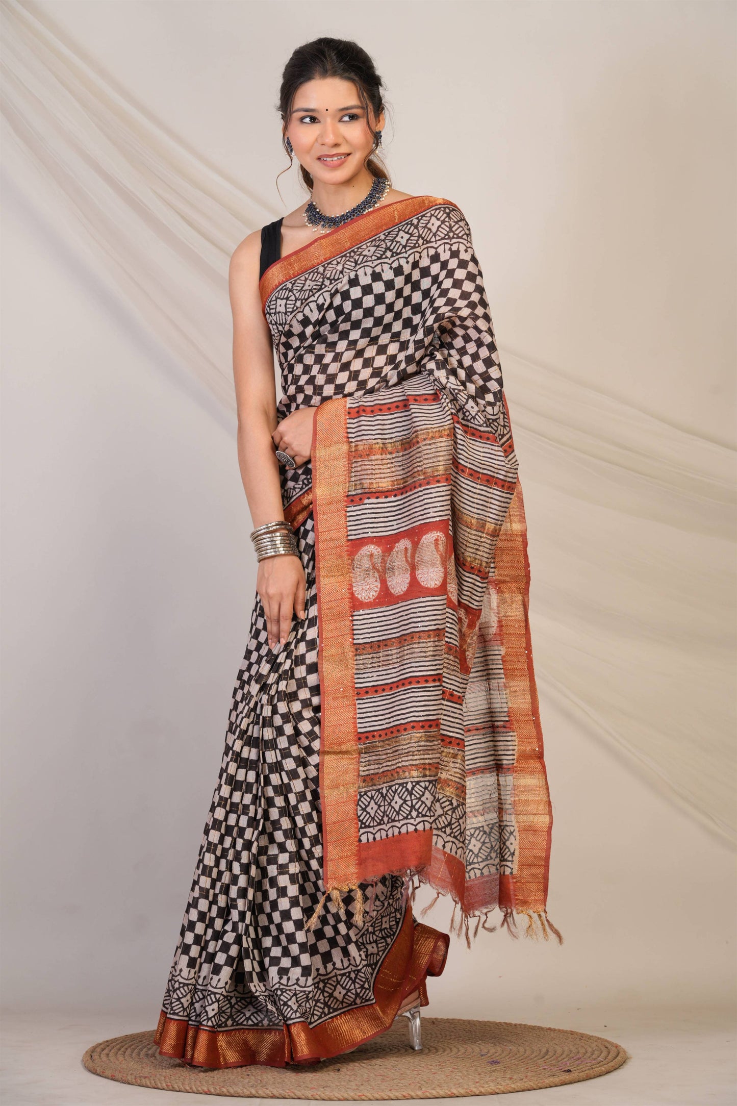Anuttara Bhagalpuri Multicolor Cotton Silk Checkered Saree with Unstitched Blouse_AFS1419-FS