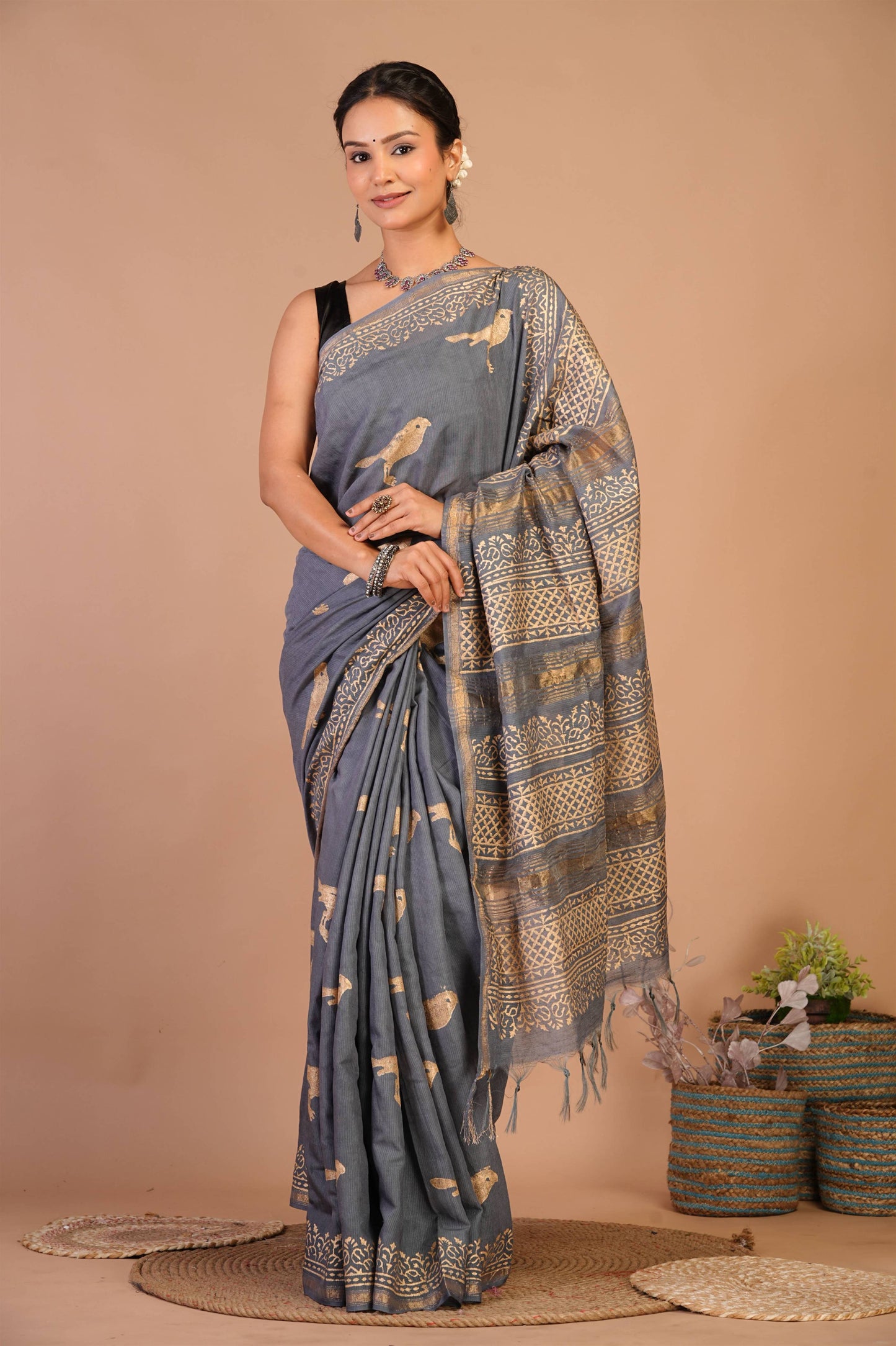 Anuttara Bhagalpuri Grey Jay Shree Cotton Fine Golden Foil Print Saree with Unstitched Blouse_AFS1420-FS
