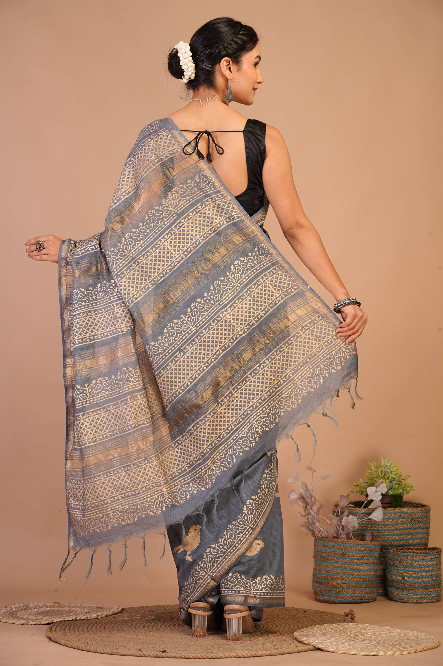 Anuttara Bhagalpuri Grey Jay Shree Cotton Fine Golden Foil Print Saree with Unstitched Blouse_AFS1420-FS