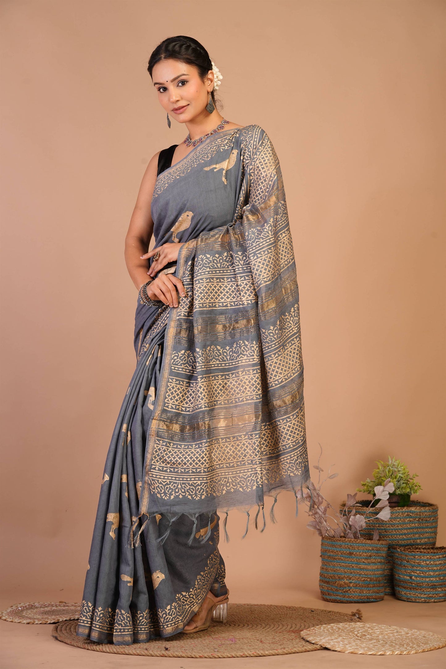 Anuttara Bhagalpuri Grey Jay Shree Cotton Fine Golden Foil Print Saree with Unstitched Blouse_AFS1420-FS