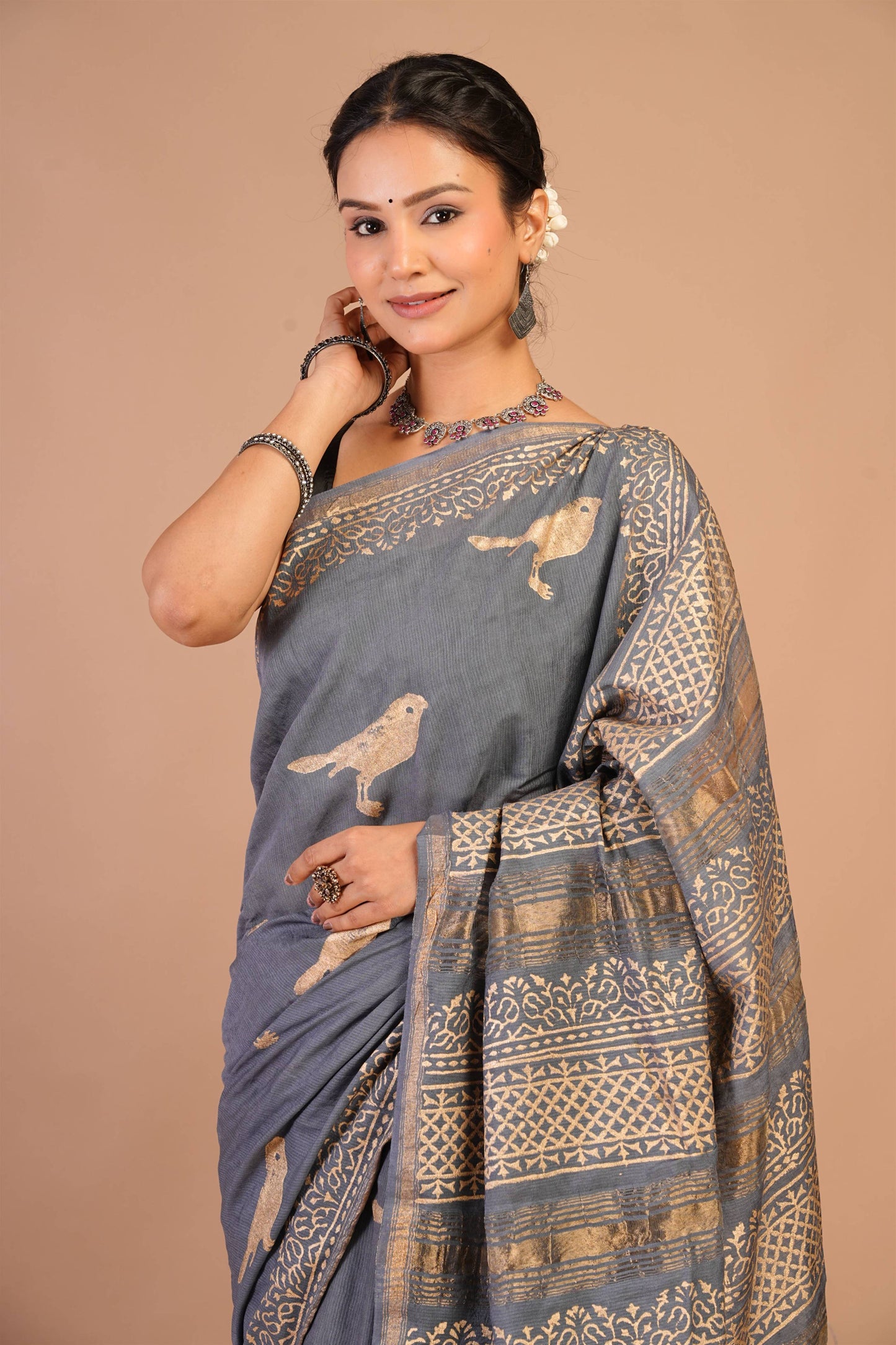 Anuttara Bhagalpuri Grey Jay Shree Cotton Fine Golden Foil Print Saree with Unstitched Blouse_AFS1420-FS