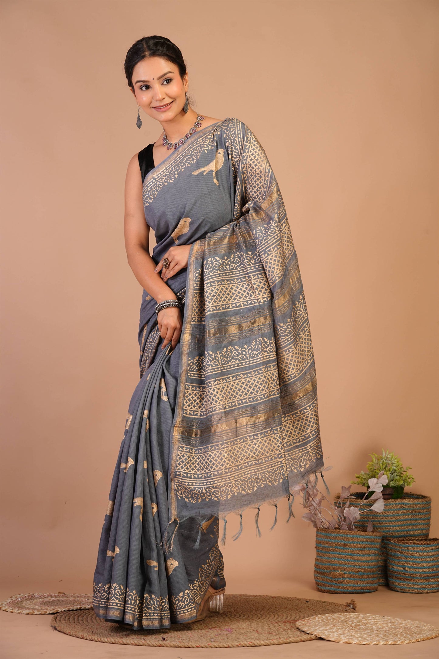Anuttara Bhagalpuri Grey Jay Shree Cotton Fine Golden Foil Print Saree with Unstitched Blouse_AFS1420-FS