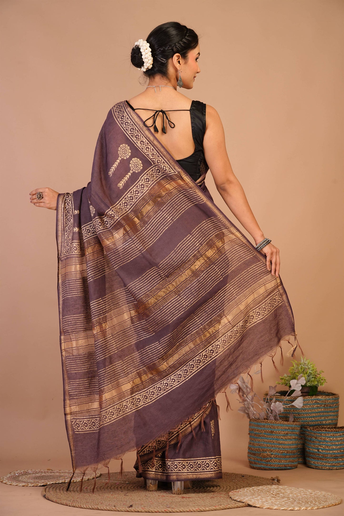 Anuttara Bhagalpuri Brown Jay Shree Cotton Fine Golden Foil Print Saree with Unstitched Blouse_AFS1421-FS