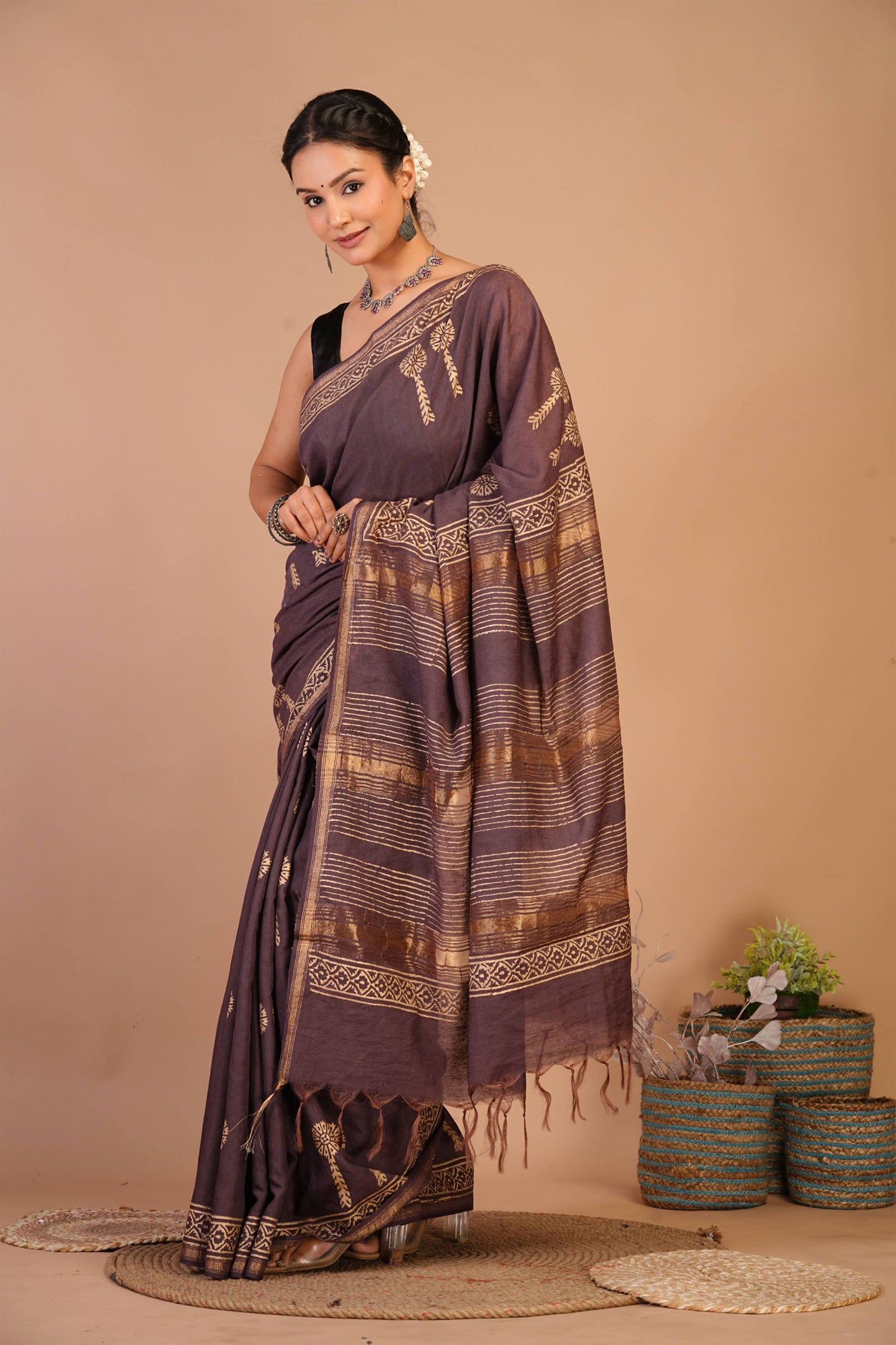 Anuttara Bhagalpuri Brown Jay Shree Cotton Fine Golden Foil Print Saree with Unstitched Blouse_AFS1421-FS