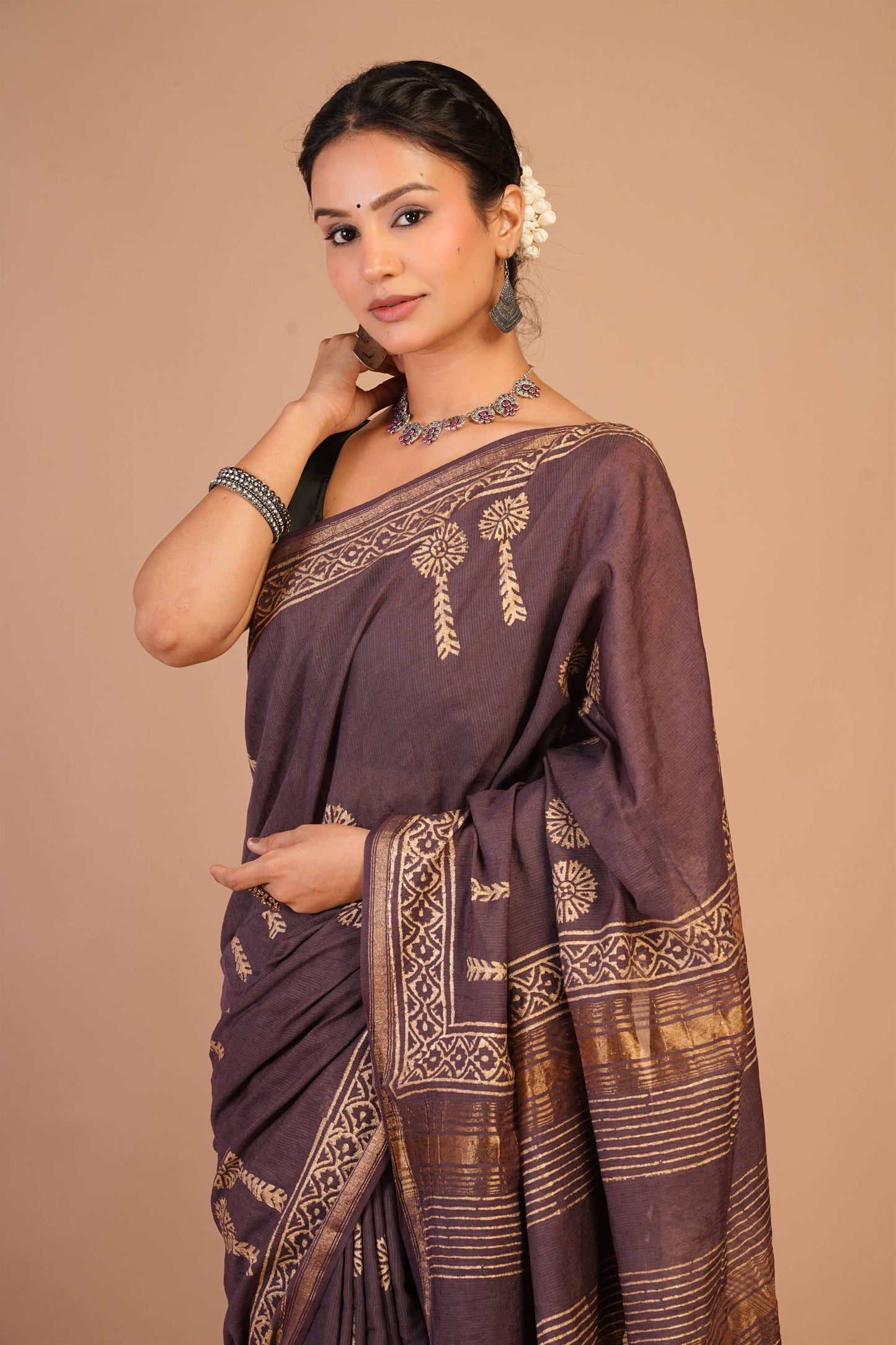 Anuttara Bhagalpuri Brown Jay Shree Cotton Fine Golden Foil Print Saree with Unstitched Blouse_AFS1421-FS