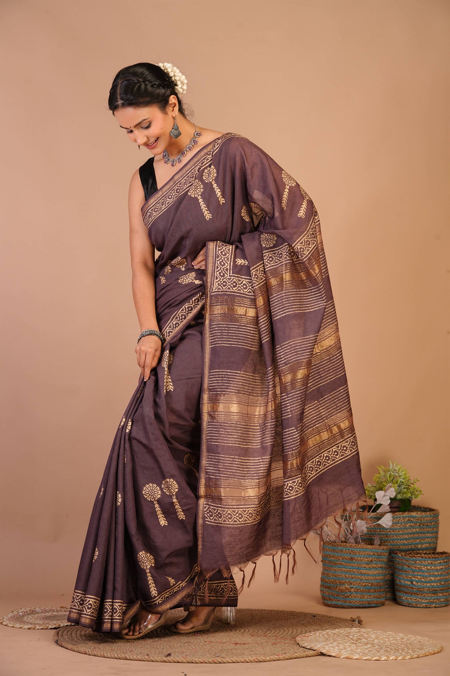 Anuttara Bhagalpuri Brown Jay Shree Cotton Fine Golden Foil Print Saree with Unstitched Blouse_AFS1421-FS