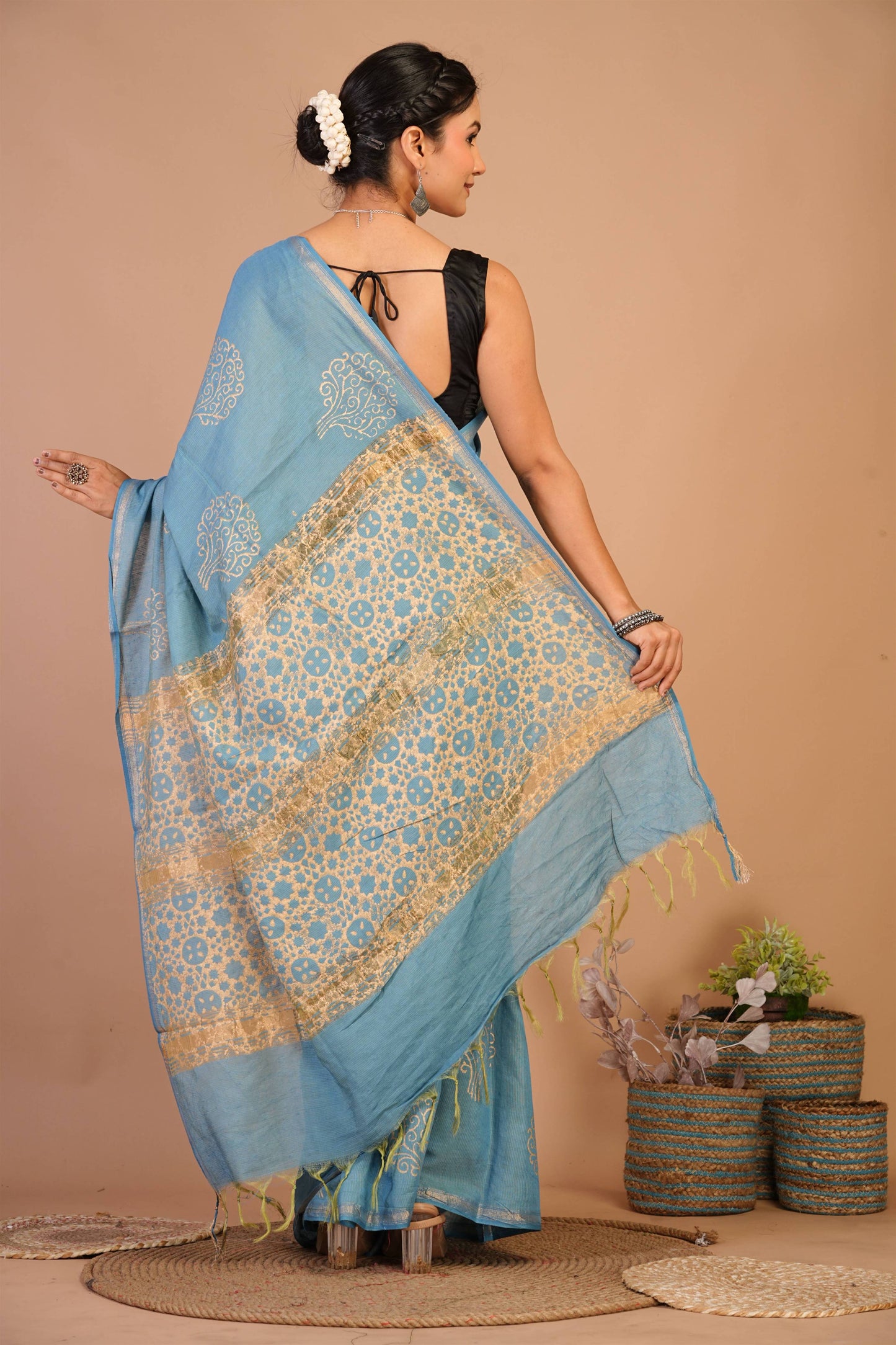 Anuttara Bhagalpuri Turquoise Jay Shree Cotton Fine Golden Foil Print Saree with Unstitched Blouse_AFS1422-FS