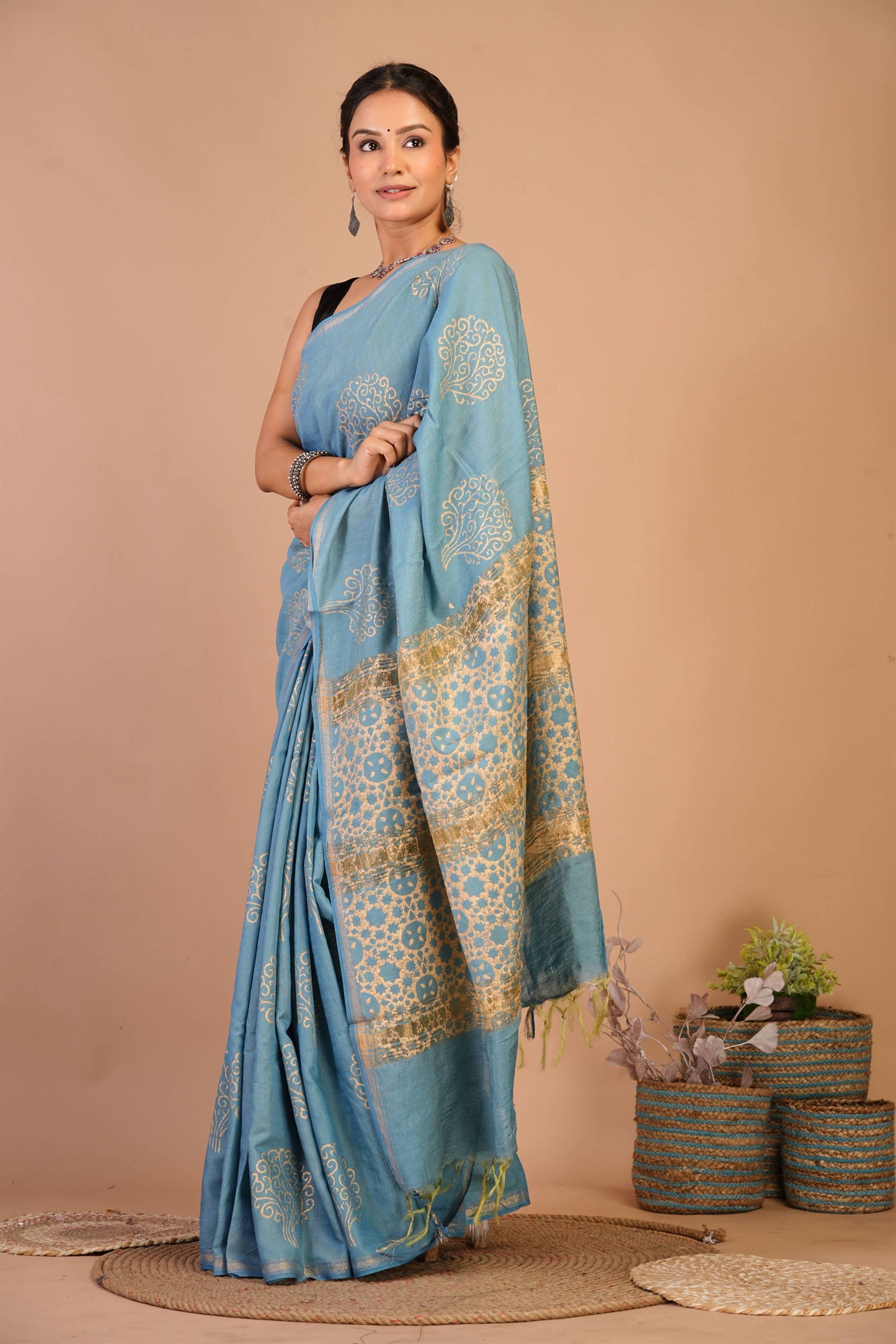 Anuttara Bhagalpuri Turquoise Jay Shree Cotton Fine Golden Foil Print Saree with Unstitched Blouse_AFS1422-FS