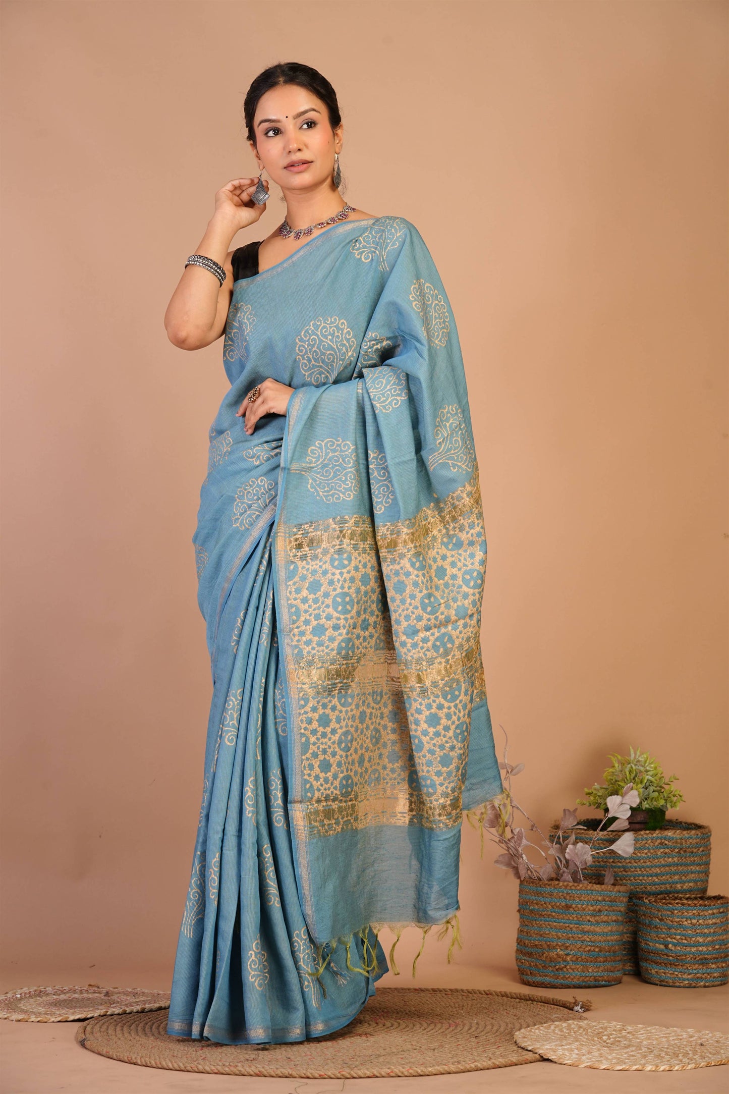 Anuttara Bhagalpuri Turquoise Jay Shree Cotton Fine Golden Foil Print Saree with Unstitched Blouse_AFS1422-FS