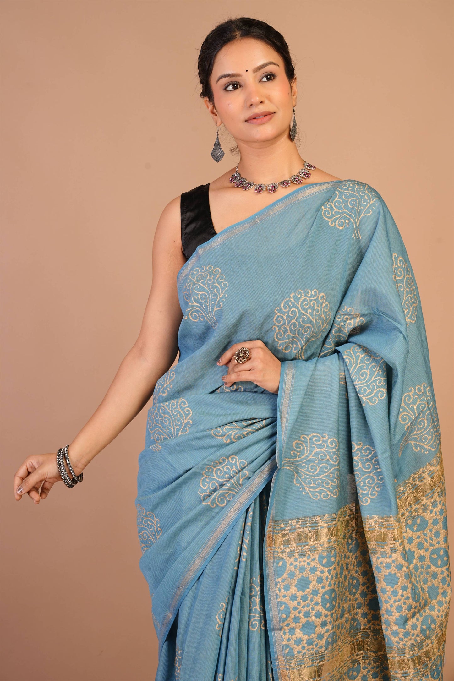 Anuttara Bhagalpuri Turquoise Jay Shree Cotton Fine Golden Foil Print Saree with Unstitched Blouse_AFS1422-FS