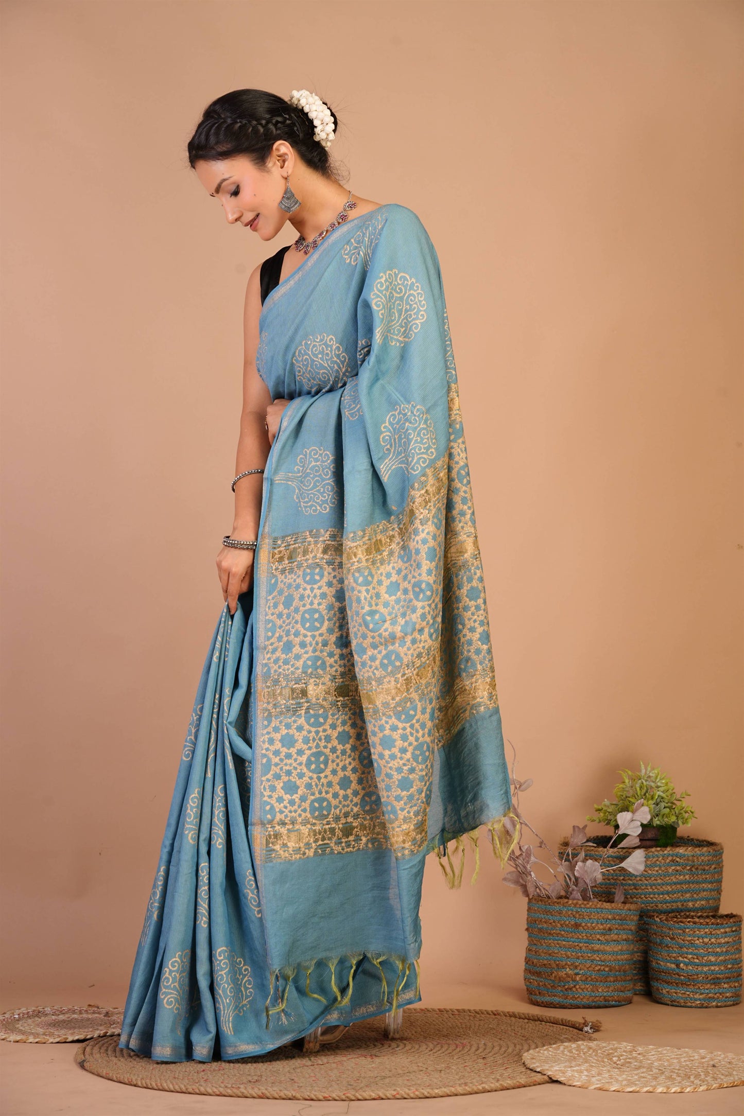 Anuttara Bhagalpuri Turquoise Jay Shree Cotton Fine Golden Foil Print Saree with Unstitched Blouse_AFS1422-FS