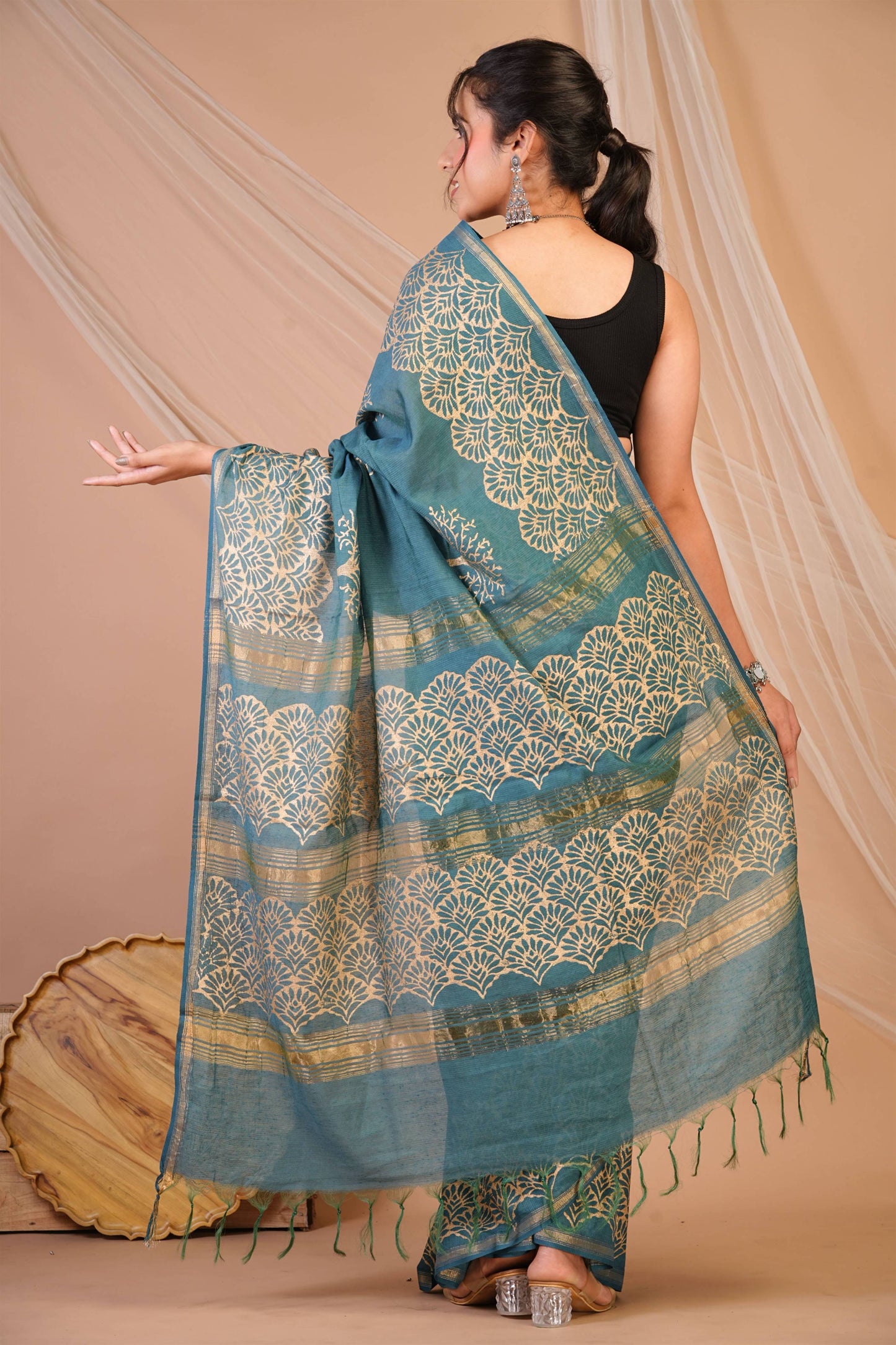 Anuttara Bhagalpuri Teal Blue Jay Shree Cotton Fine Golden Foil Print Saree with Unstitched Blouse_AFS1423-FS