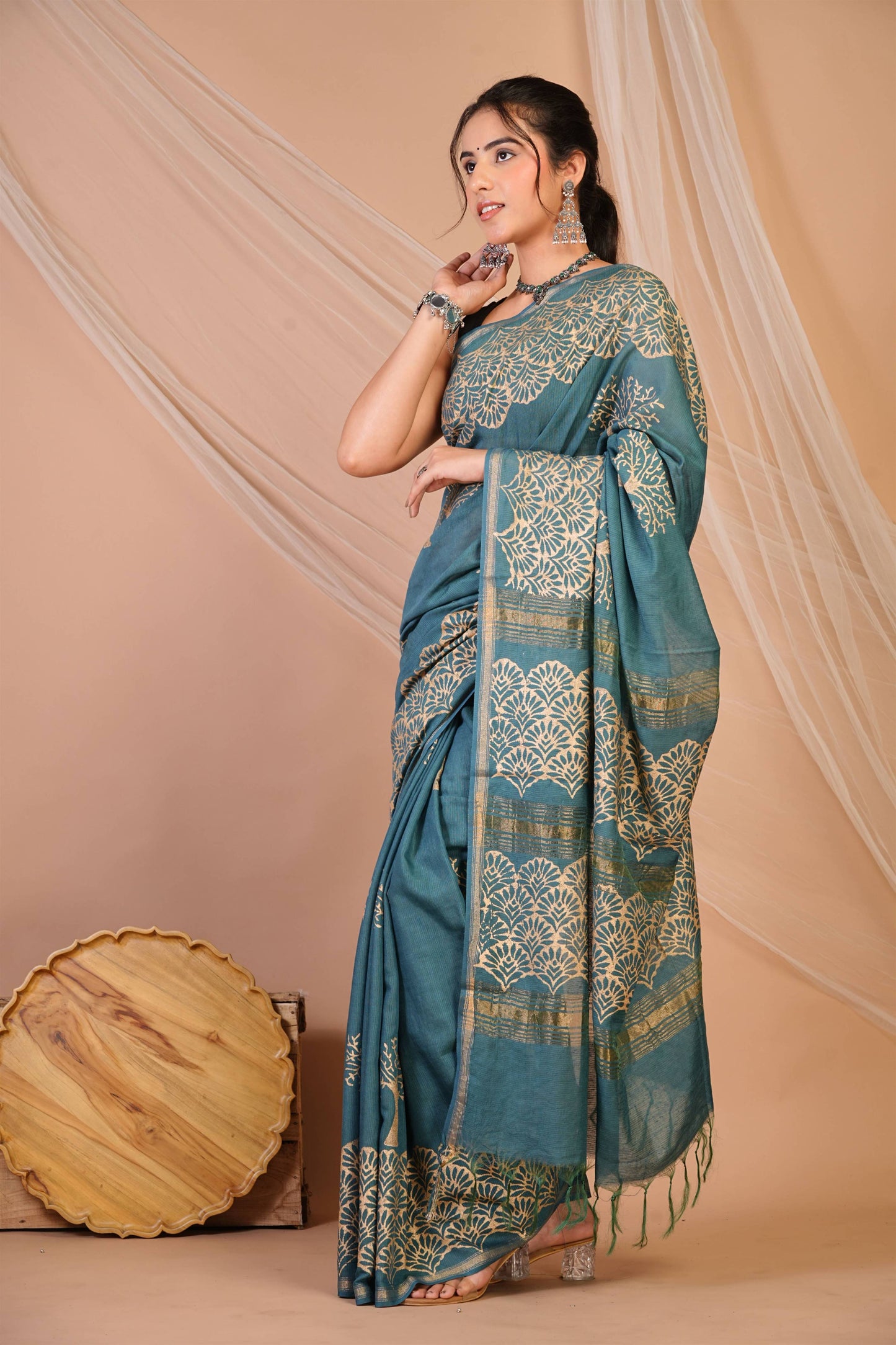 Anuttara Bhagalpuri Teal Blue Jay Shree Cotton Fine Golden Foil Print Saree with Unstitched Blouse_AFS1423-FS