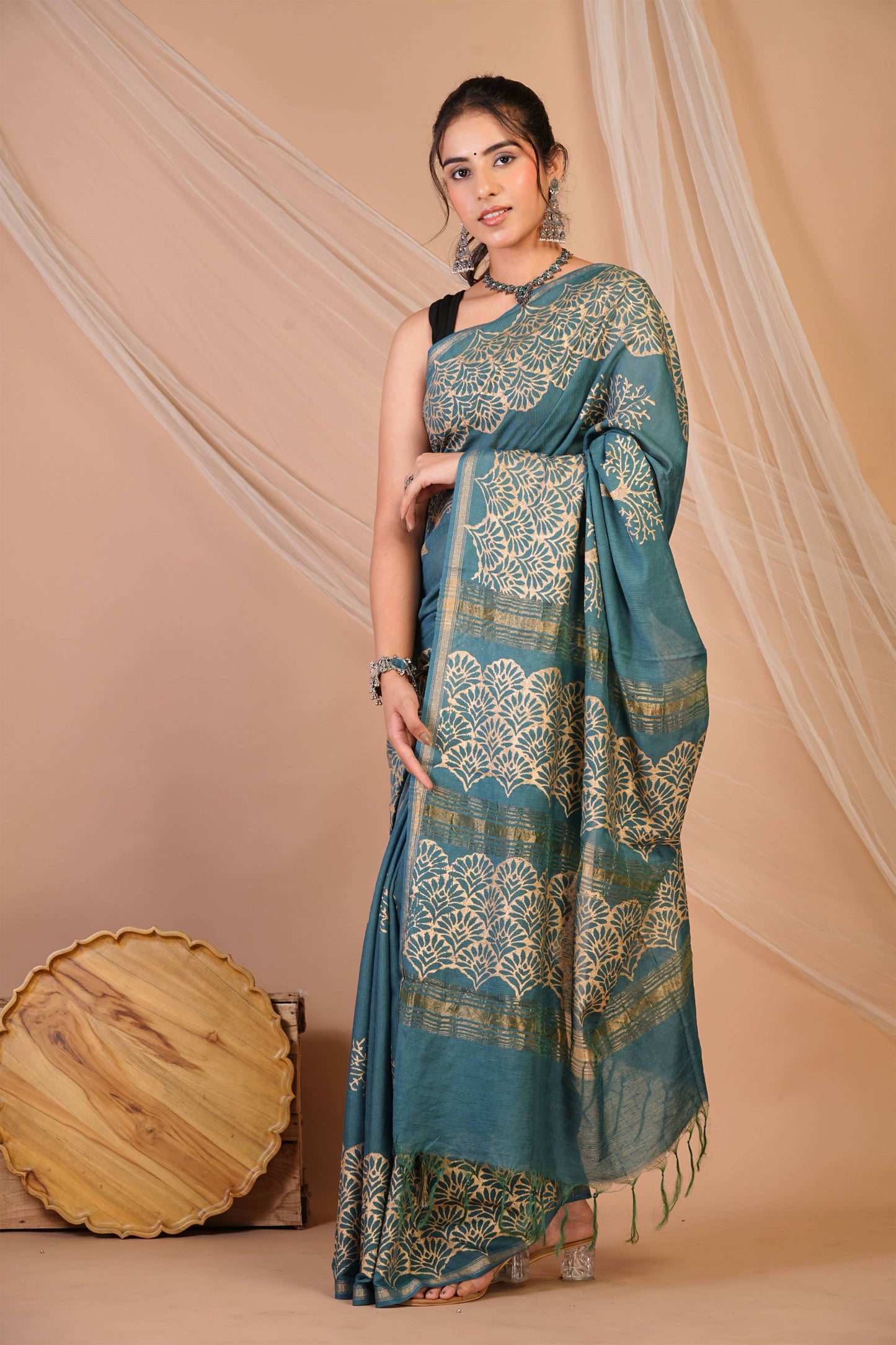 Anuttara Bhagalpuri Teal Blue Jay Shree Cotton Fine Golden Foil Print Saree with Unstitched Blouse_AFS1423-FS