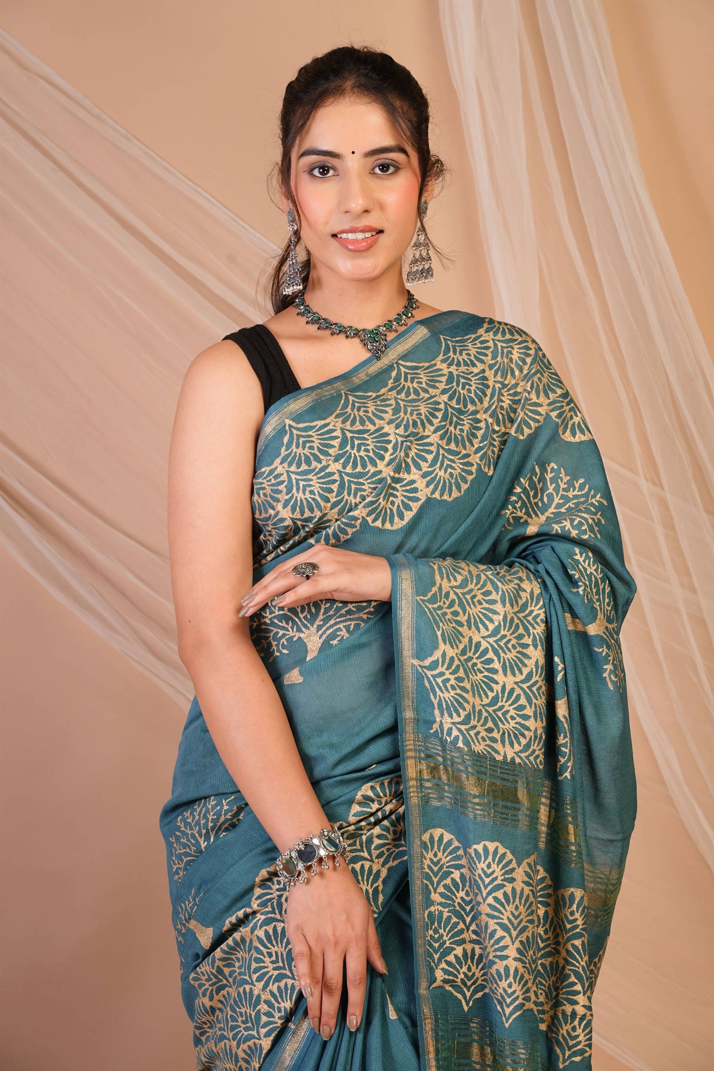 Anuttara Bhagalpuri Teal Blue Jay Shree Cotton Fine Golden Foil Print Saree with Unstitched Blouse_AFS1423-FS