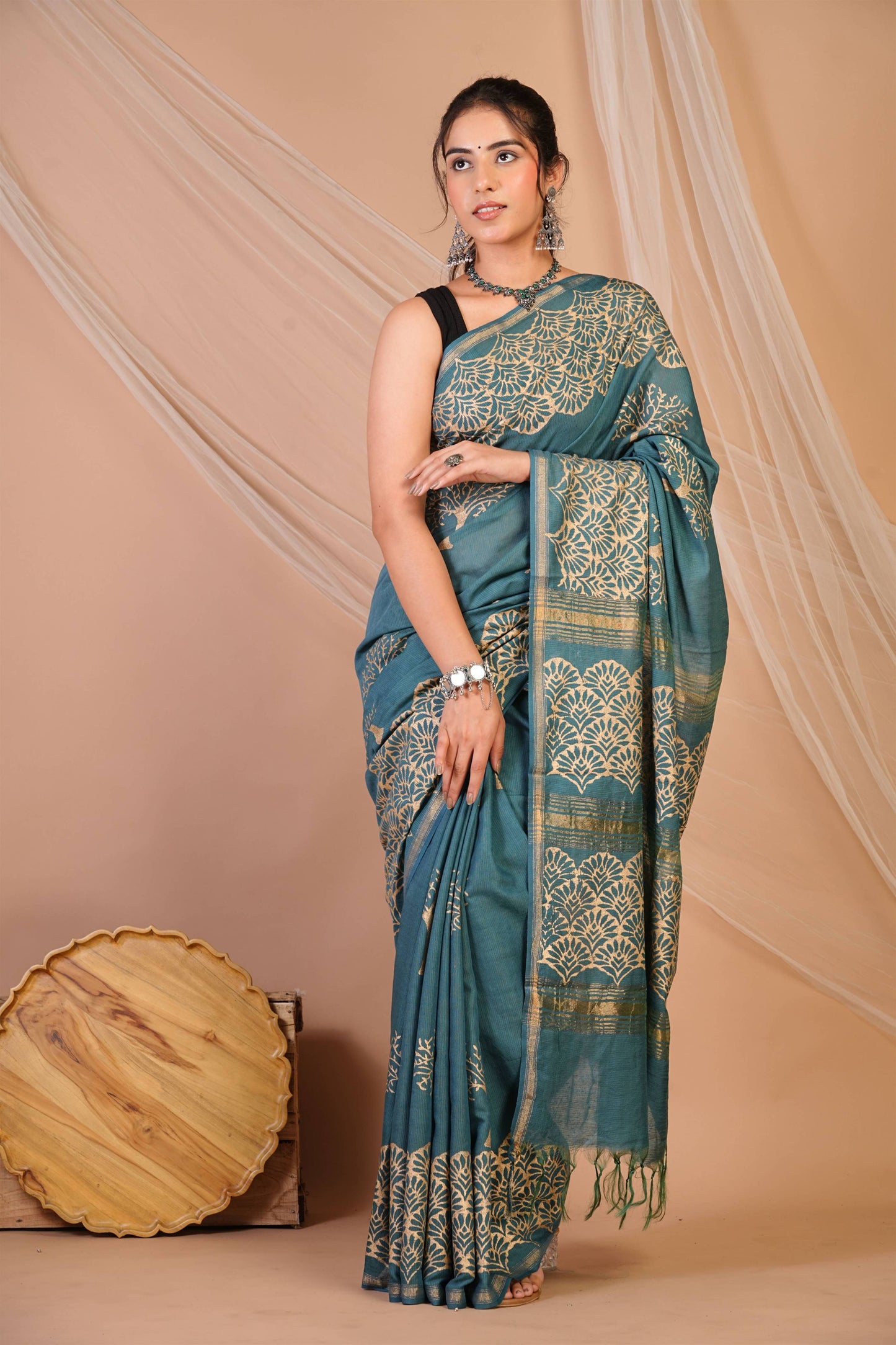 Anuttara Bhagalpuri Teal Blue Jay Shree Cotton Fine Golden Foil Print Saree with Unstitched Blouse_AFS1423-FS