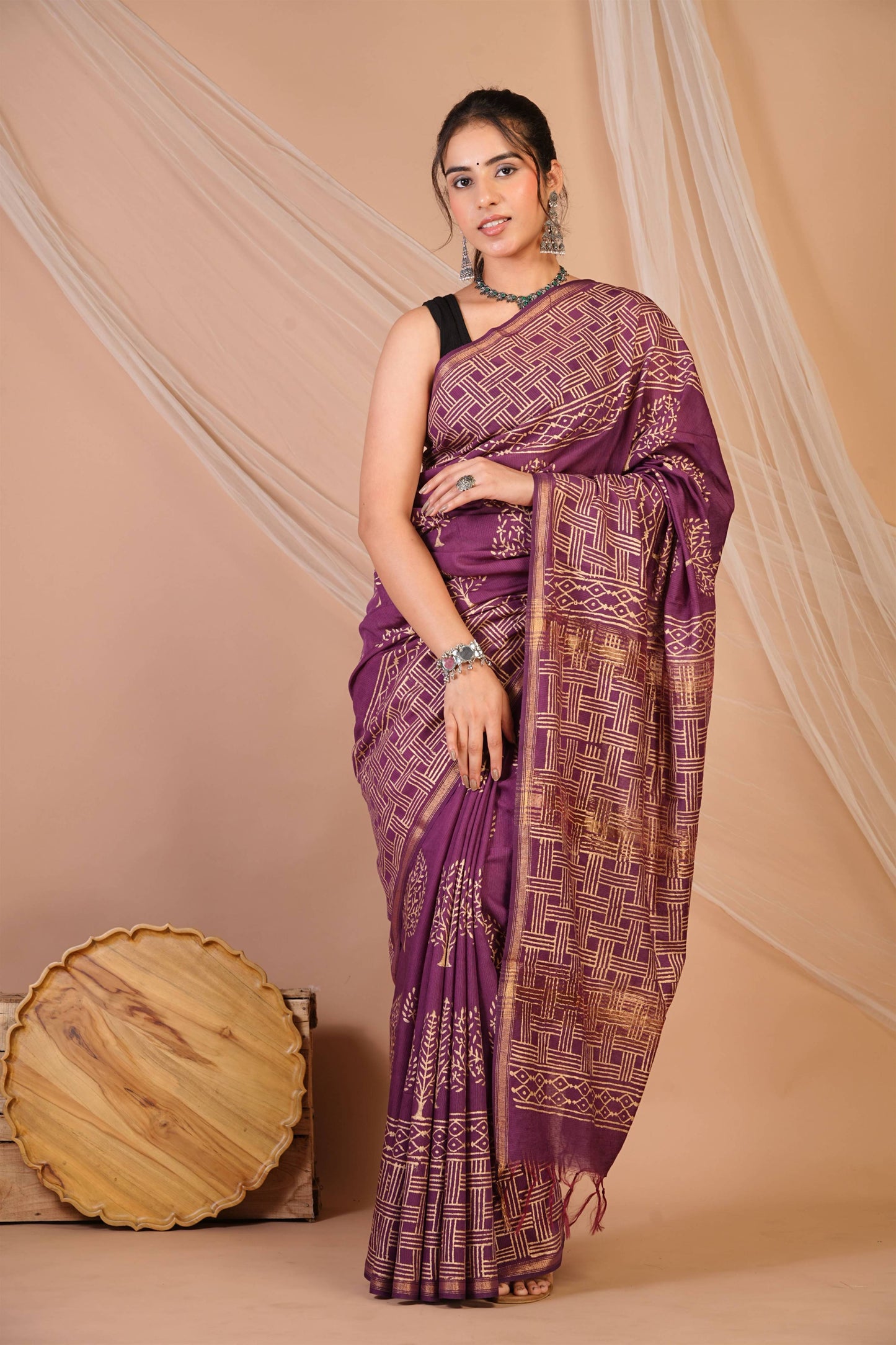 Anuttara Bhagalpuri Purple Jay Shree Cotton Fine Golden Foil Print Saree with Unstitched Blouse_AFS1424-FS